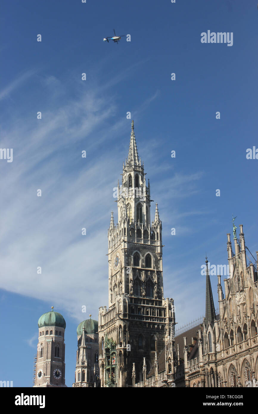 Munich Marienplatz, overview Frauenkiche, Townhall and  marian column. Stock Photo