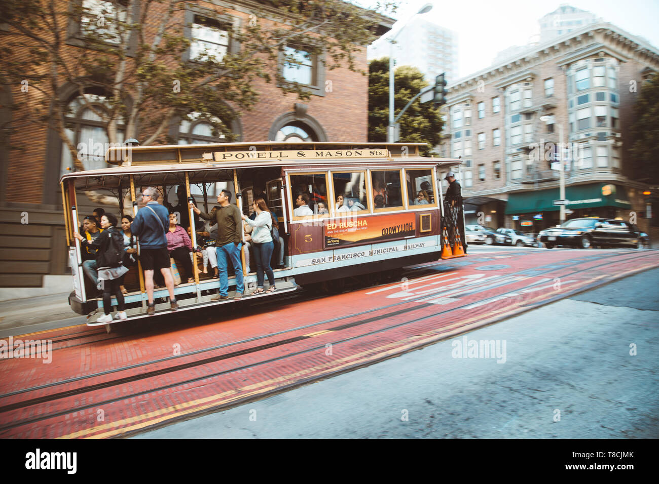 SAN FRANCISCO, USA - September 5, 2016: Traditional Powell-Hyde cable car riding in central San Francisco with motion blur California, USA Stock Photo