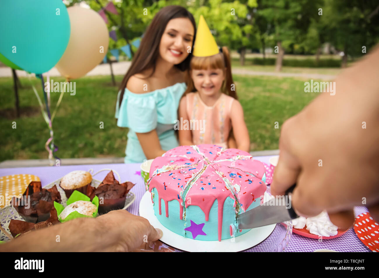 Father cutting tasty cake at birthday party outdoors Stock Photo