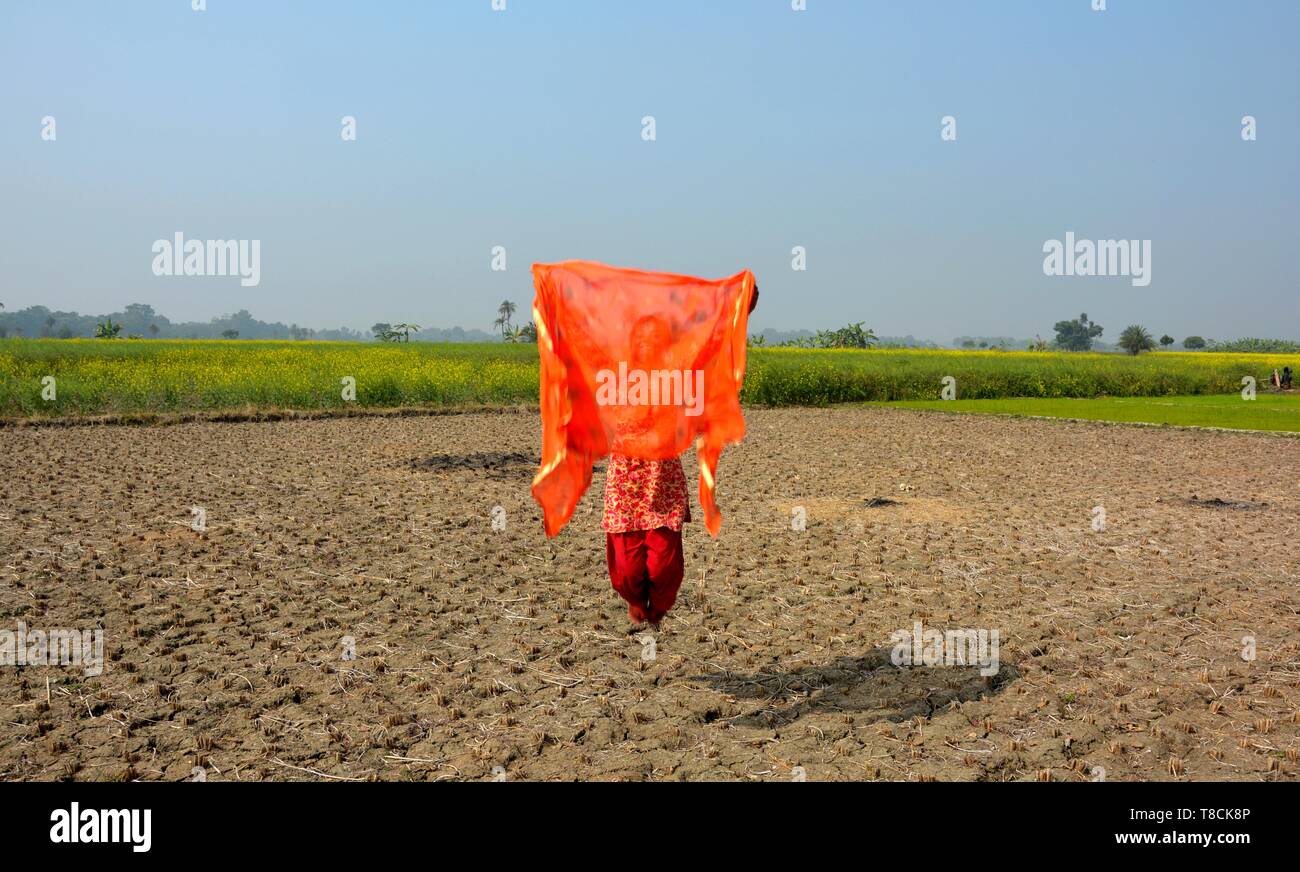 A girl wearing a salwar kameez flying a red dhupatta / clothin the air in a field on a bright day, selective focusing Stock Photo