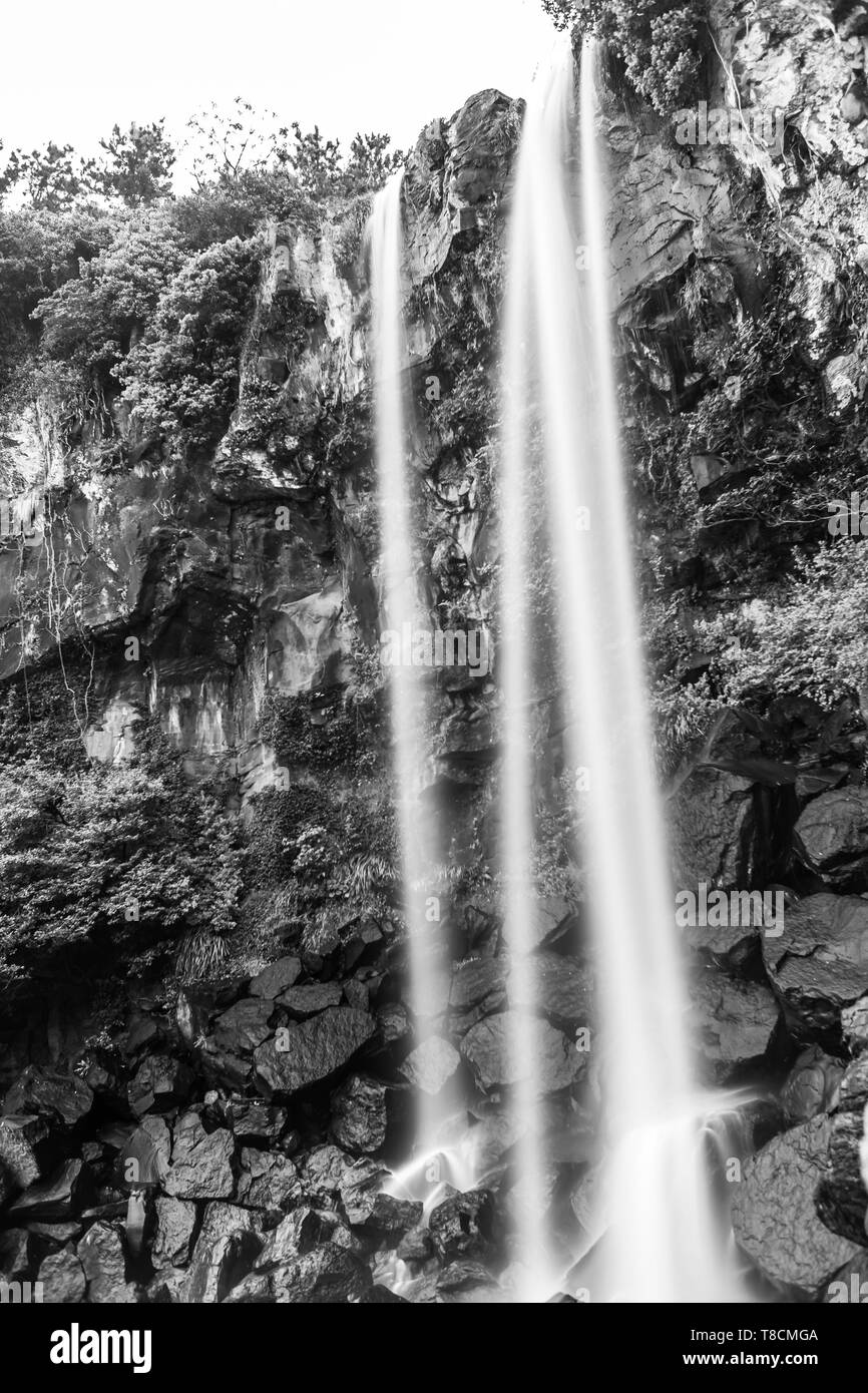 black and white view of  Jeongbang waterfall in Jeju, South Korea Stock Photo