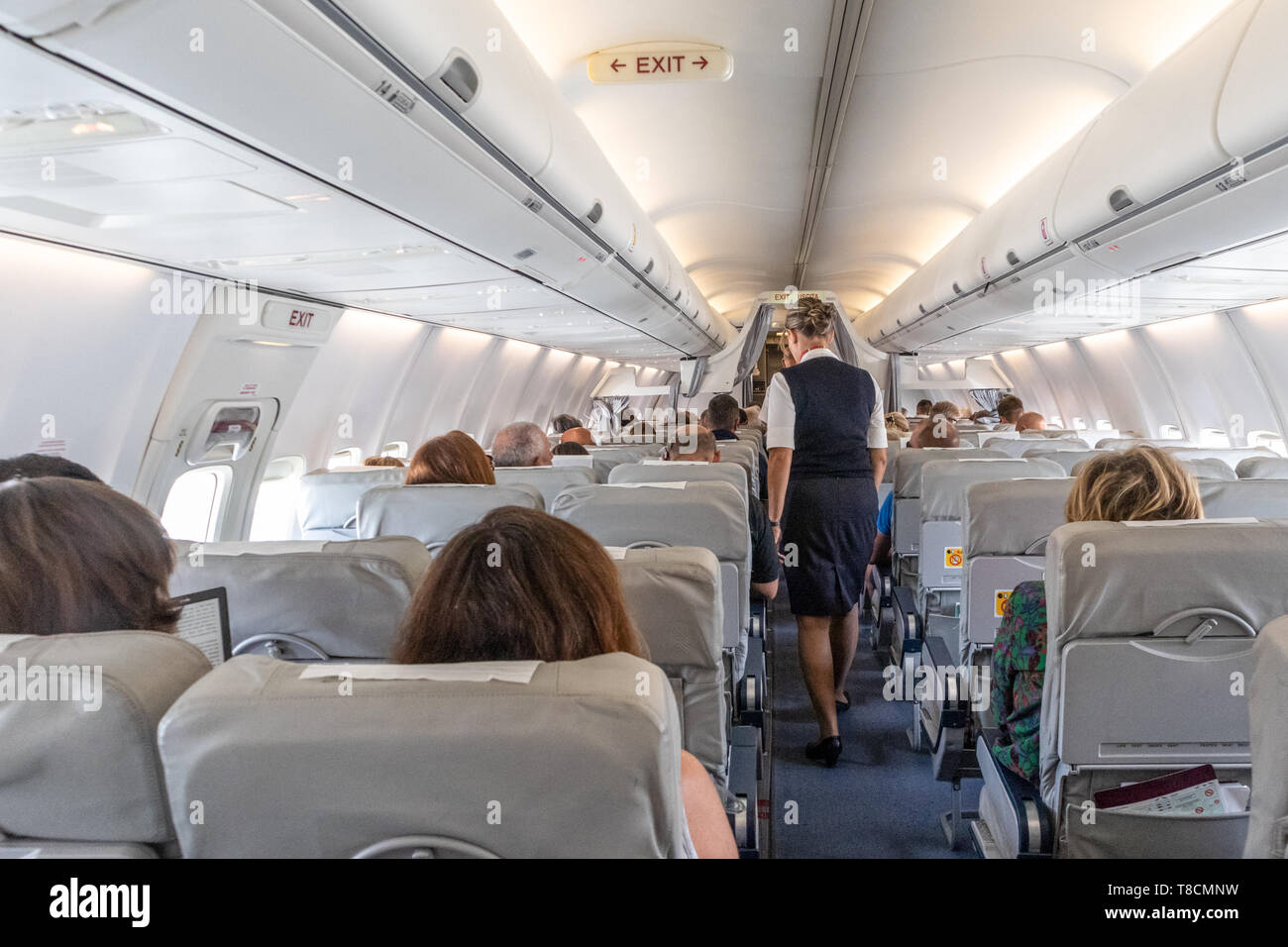 Interior of commercial airplane with stewardess serving passengers on seats during flight. Stock Photo