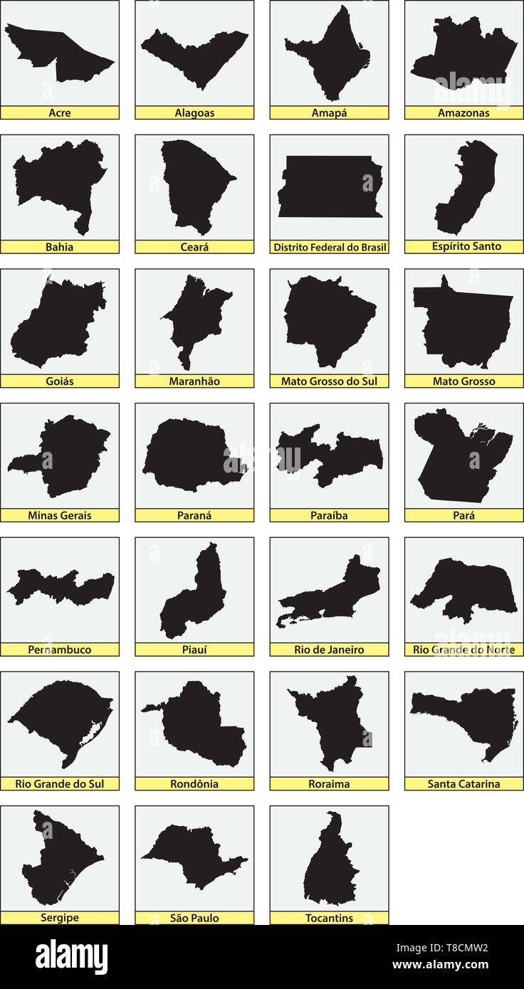 twenty seven black maps of the Subdivisions of Brazil Stock Vector