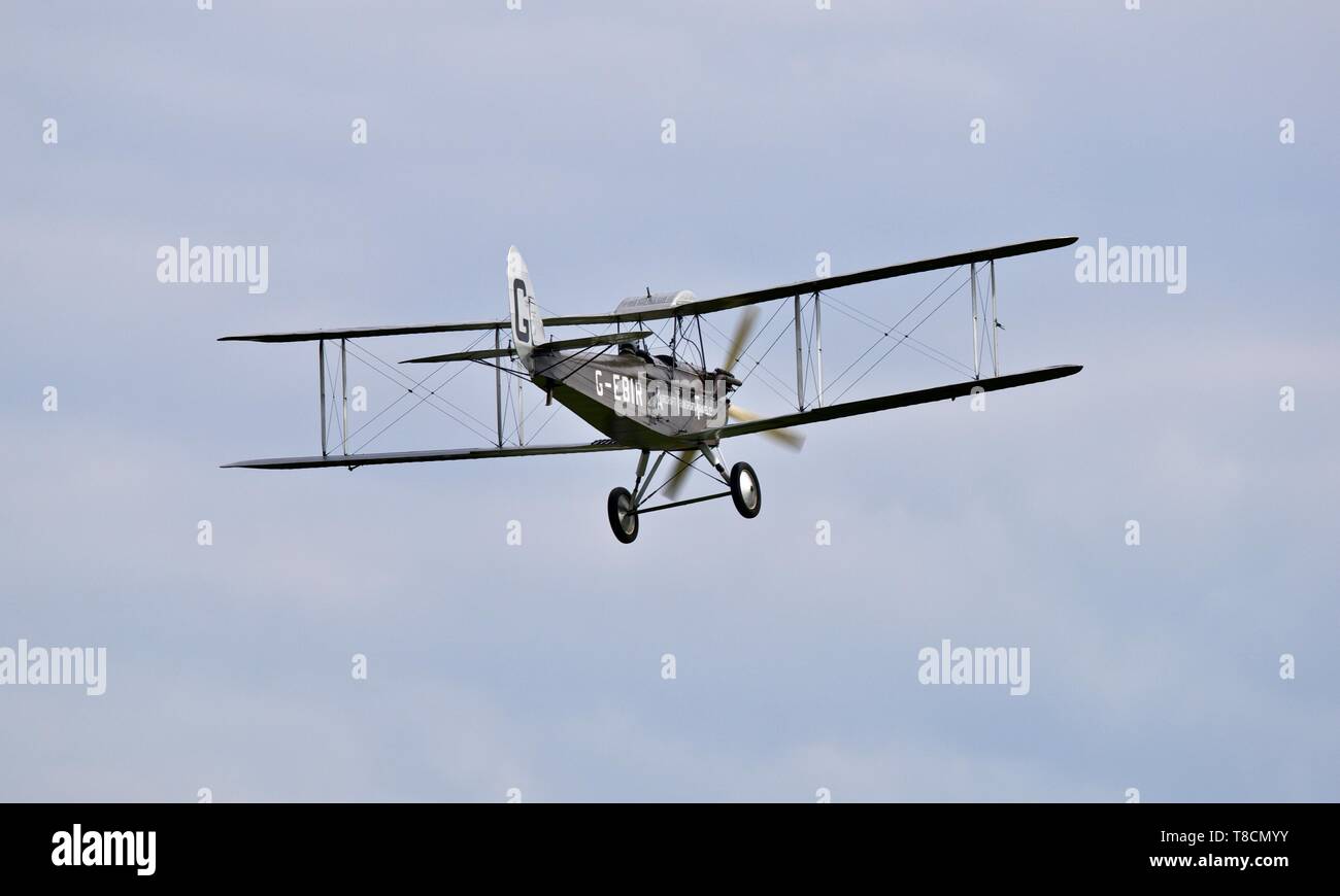 de Havilland DH.51 'MISS KENYA' performing at the season premiere airshow at Shuttleworth on the 5th May 2019 Stock Photo