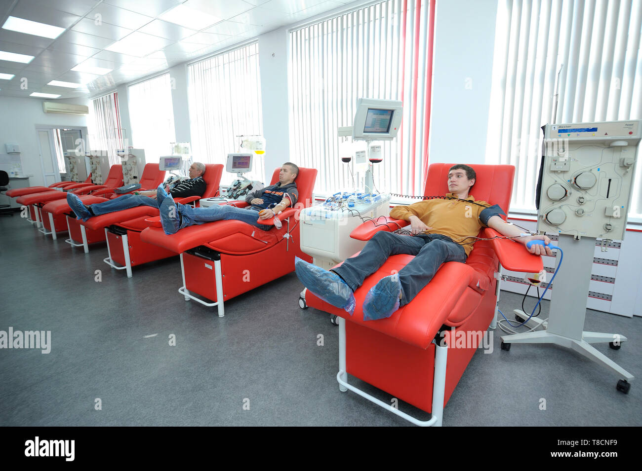 View of the City (municipal) blood transfusion station – separators and donors laying in daybeds. April 5, 2019. Kiev,Ukraine Stock Photo