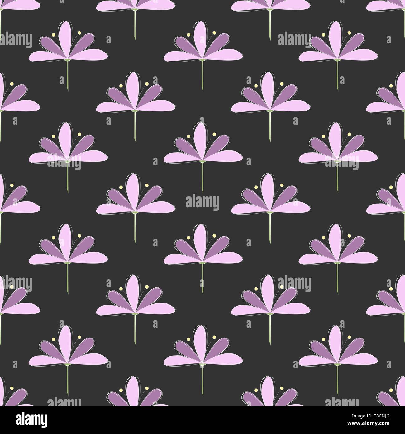 Seamless Pattern: Repeating Lila und Violet Blossoms on Dark Background. Stock Vector