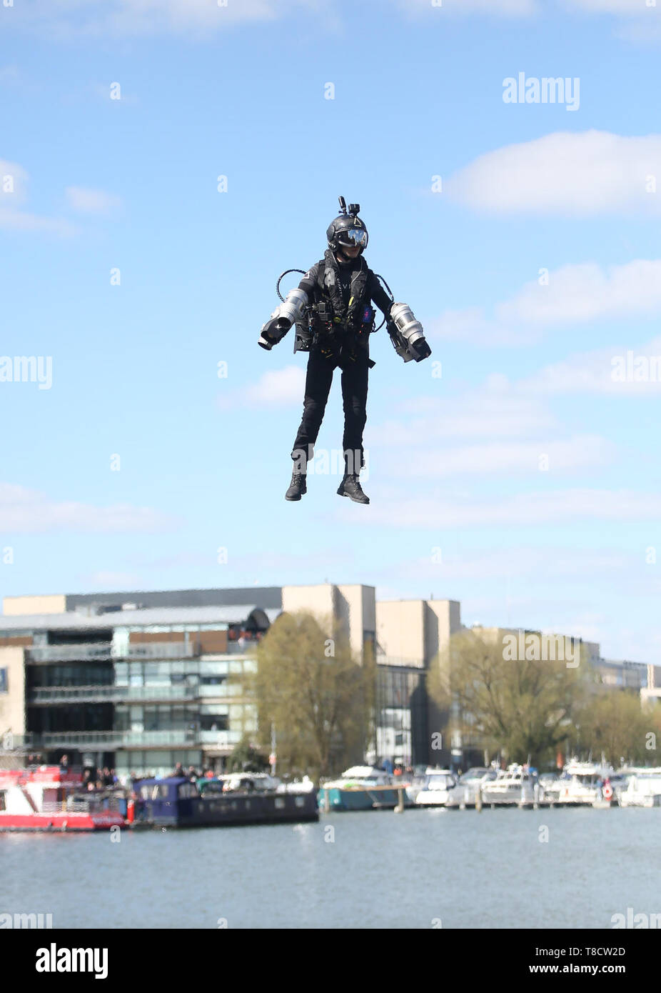 Real life Iron Man and Inventor, Richard Browning flying across Brayford Pool in Lincoln with stunt man Jamie Stanley using jet powered suits,  created by Browning's company Gravity Industries.  Featuring: Richard Browning Where: Lincoln, United Kingdom When: 11 Apr 2019 Credit: WENN.com Stock Photo