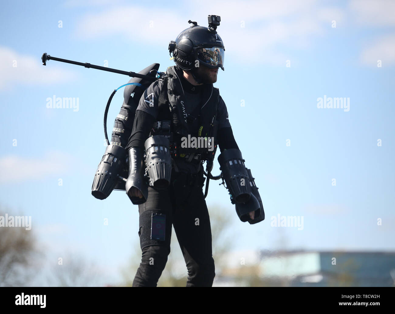 Real life Iron Man and Inventor, Richard Browning flying across Brayford Pool in Lincoln with stunt man Jamie Stanley using jet powered suits,  created by Browning's company Gravity Industries.  Featuring: Richard Browning Where: Lincoln, United Kingdom When: 11 Apr 2019 Credit: WENN.com Stock Photo