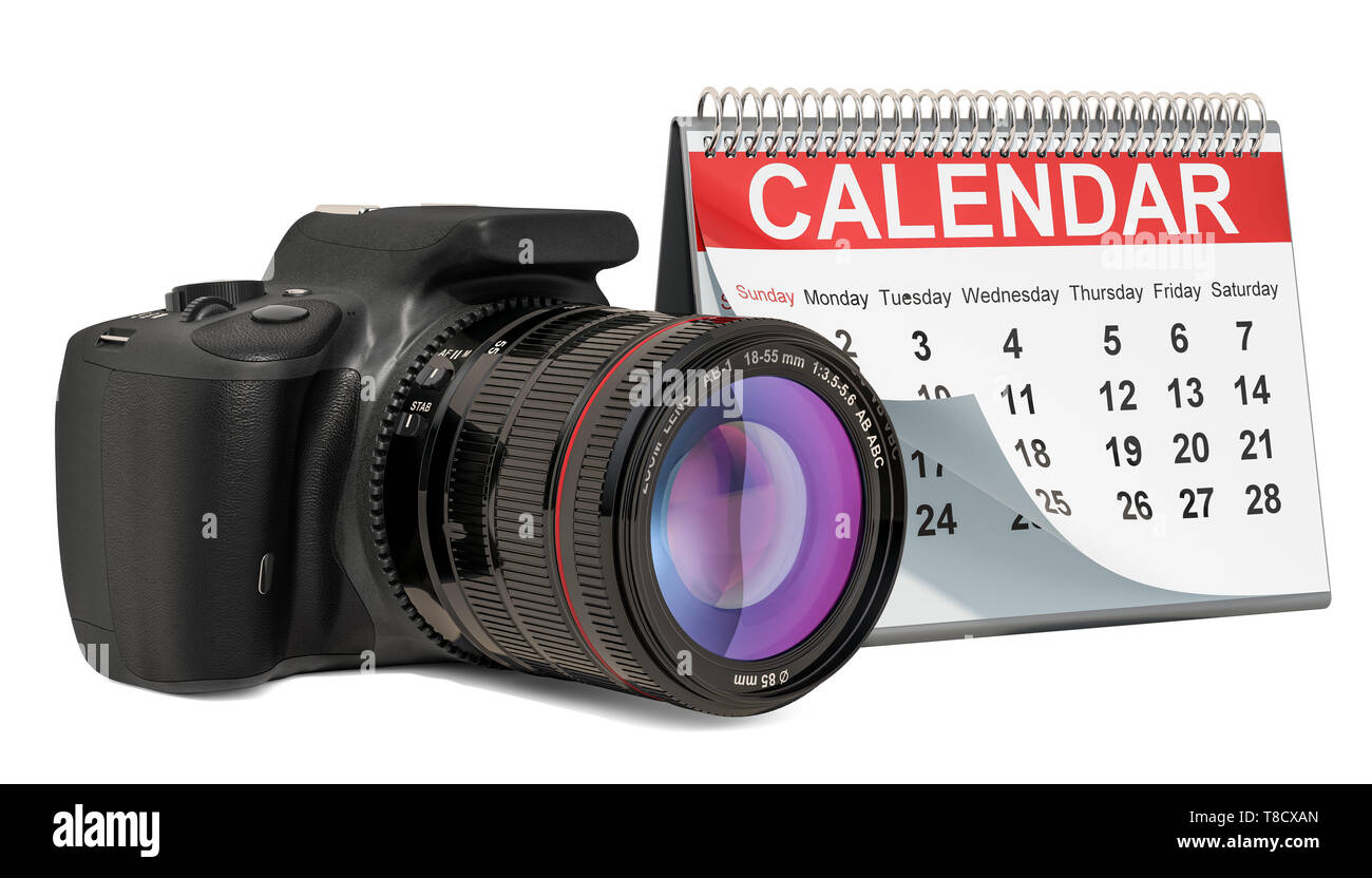 Desk calendar with digital camera, 3D rendering isolated on white ...