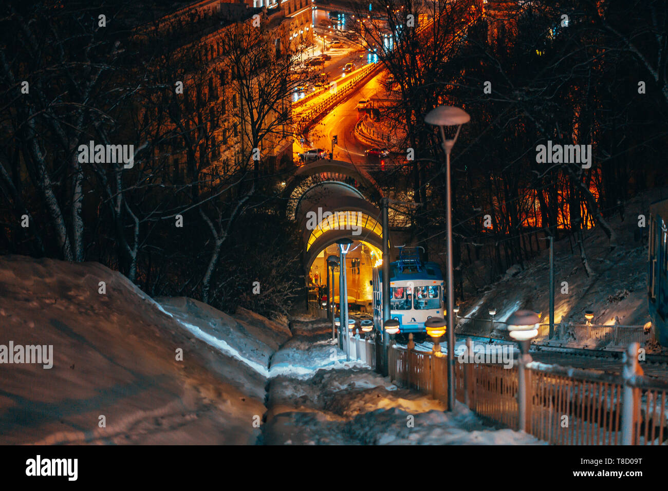 The funicular on Vladimir's Hill, in the background night Kiev Stock Photo
