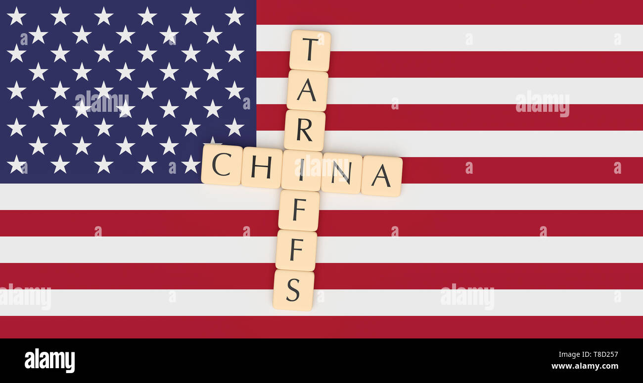 BERLIN, GERMANY - MAY 12, 2019: Letter Tiles Tariffs And China With US Flag, 3d illustration Stock Photo