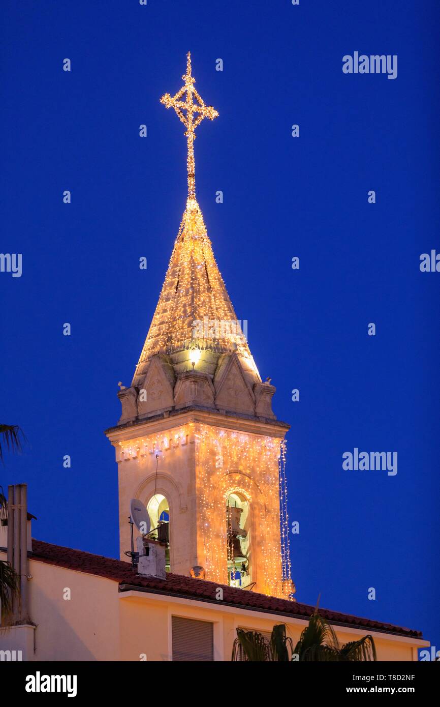 France, Var, Sanary sur Mer, Saint Nazaire church, Christmas lights Stock Photo