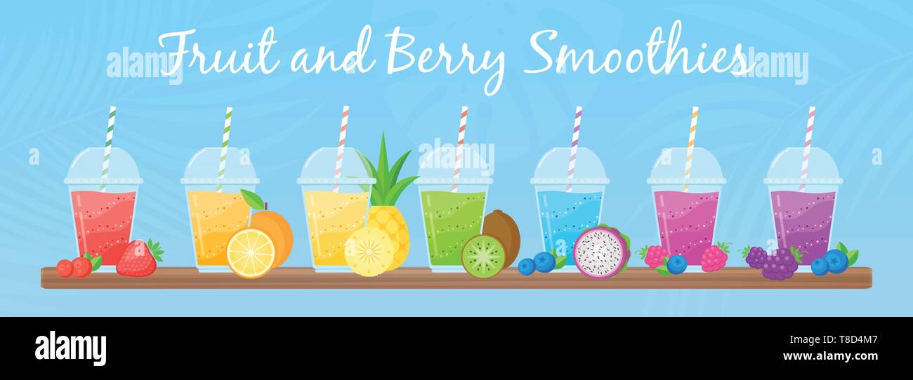 Fresh fruit smoothie shake cocktail set vector illustration. Coolection