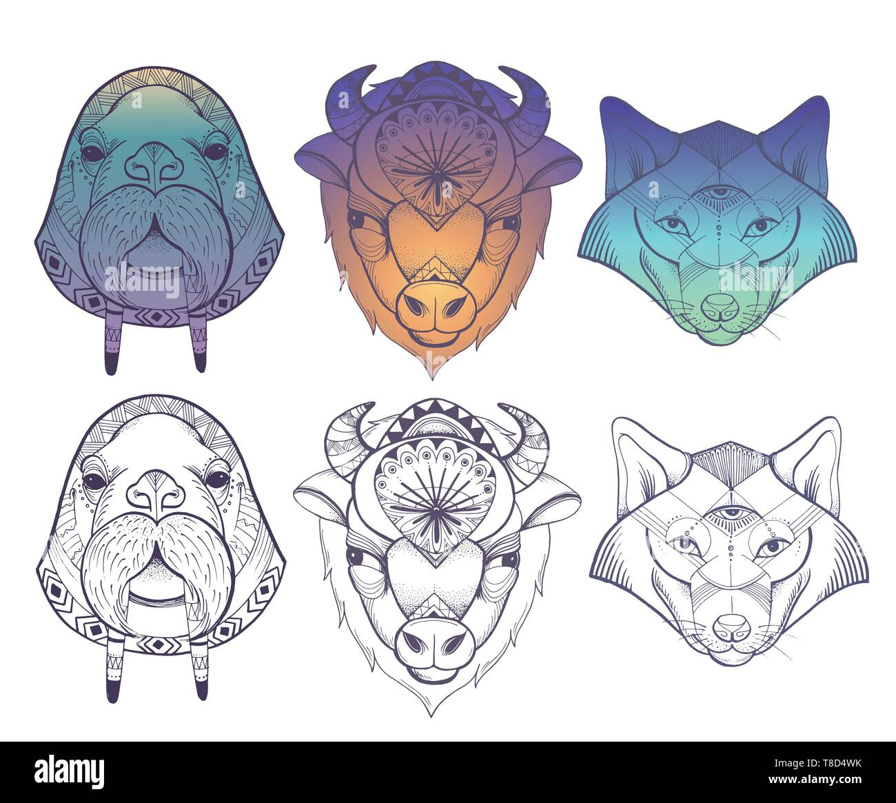 Vector set of illustrations of wolf, buffalo and walrus. Ethnic style, illustration for poster, tattoo. Stock Vector