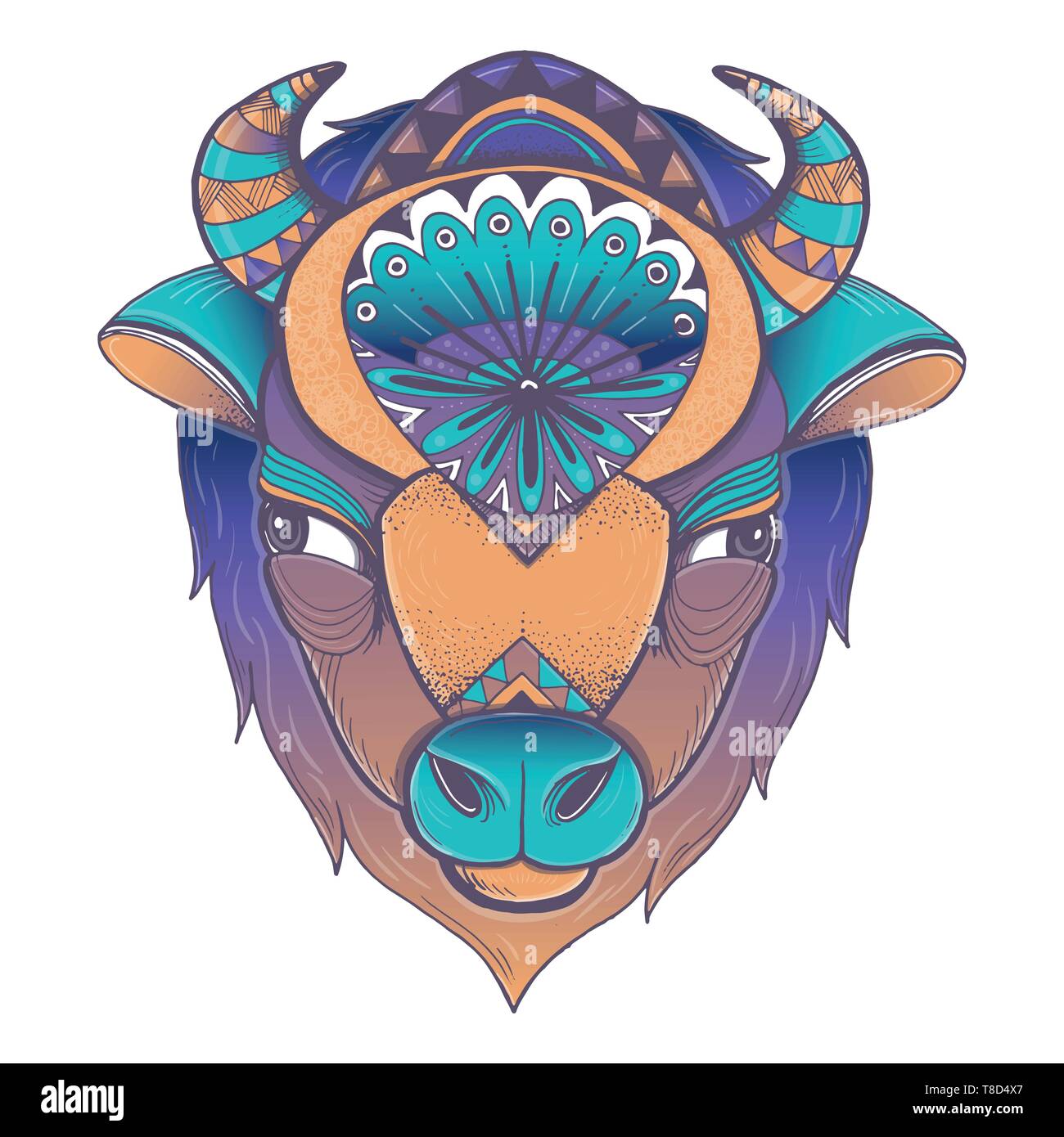 Vector illustration of buffalo head. Vector poster with bison in geometric style. Stock Vector