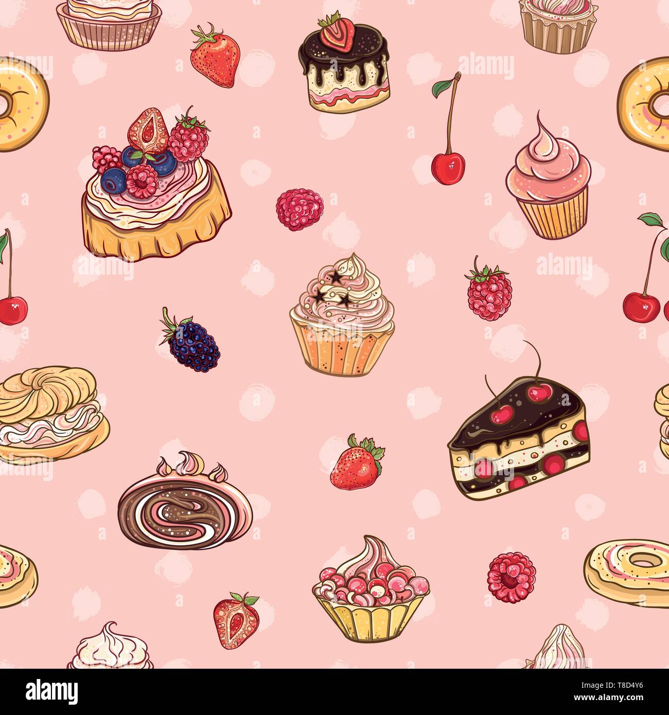 Seamless Pattern Time For Sweet Vector Colorful Delicious Background With Cakes Pastries Cupcakes And Donuts On Polka Dot Backdrop Stock Vector Image Art Alamy