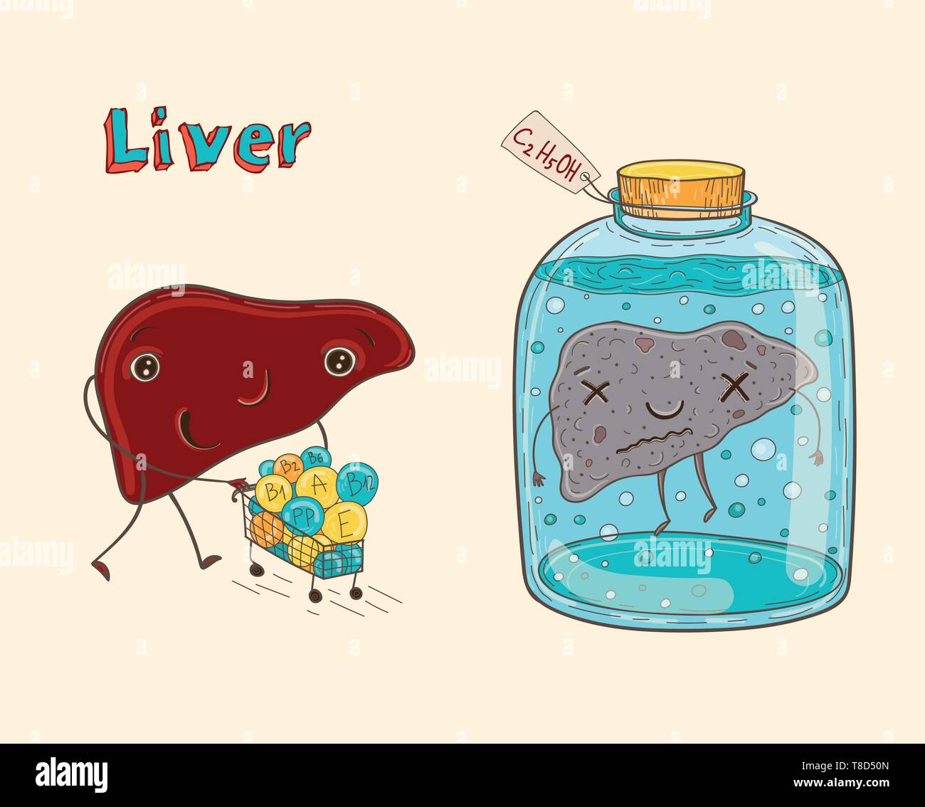 Cartoon vector illustration of healthy and sick human liver. Funny educational illustration for kids. Isolated characters. Stock Vector