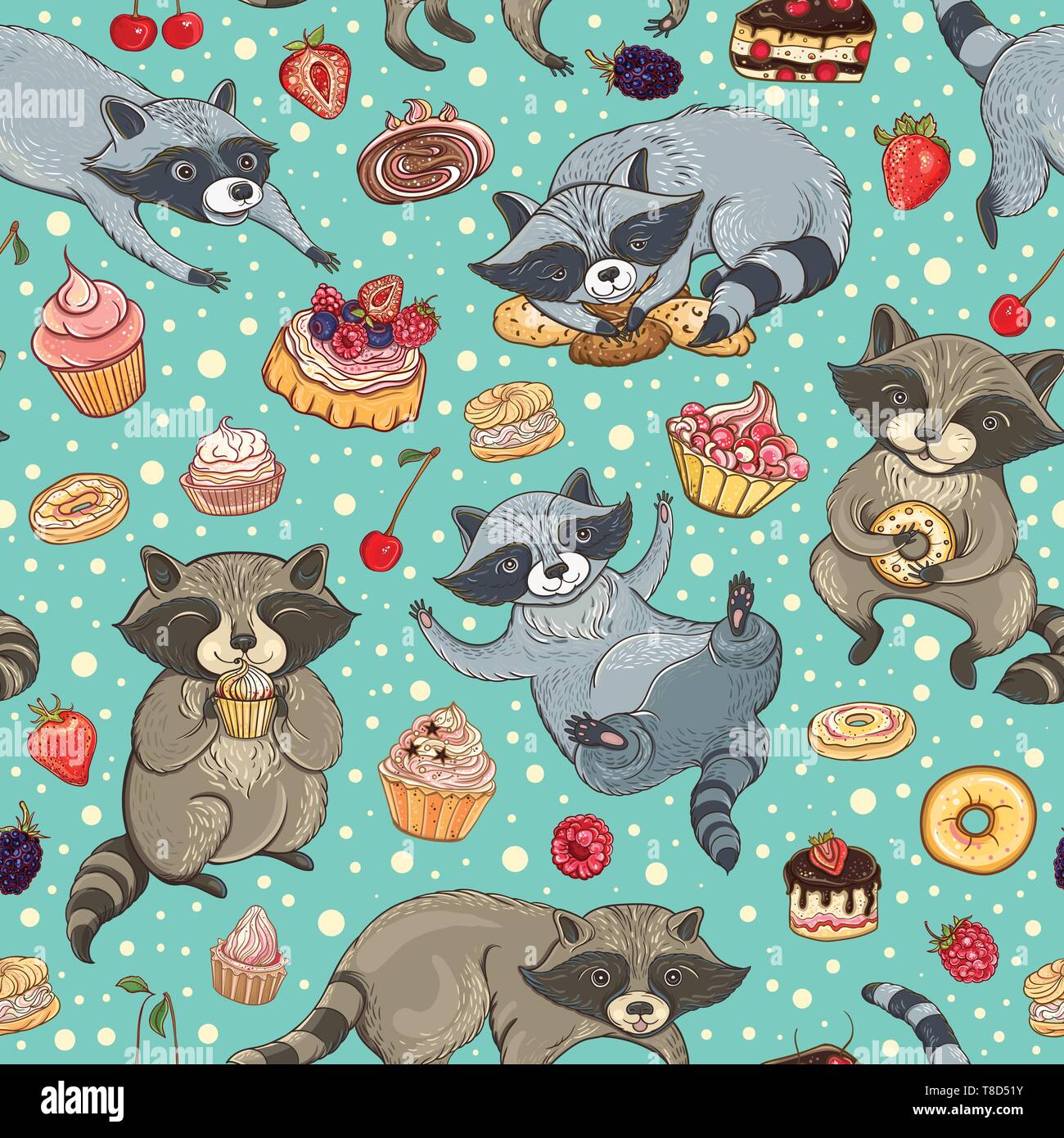 Sweet Racoon Vector seamless pattern with cute sweet-tooth raccoons, cakes and ...