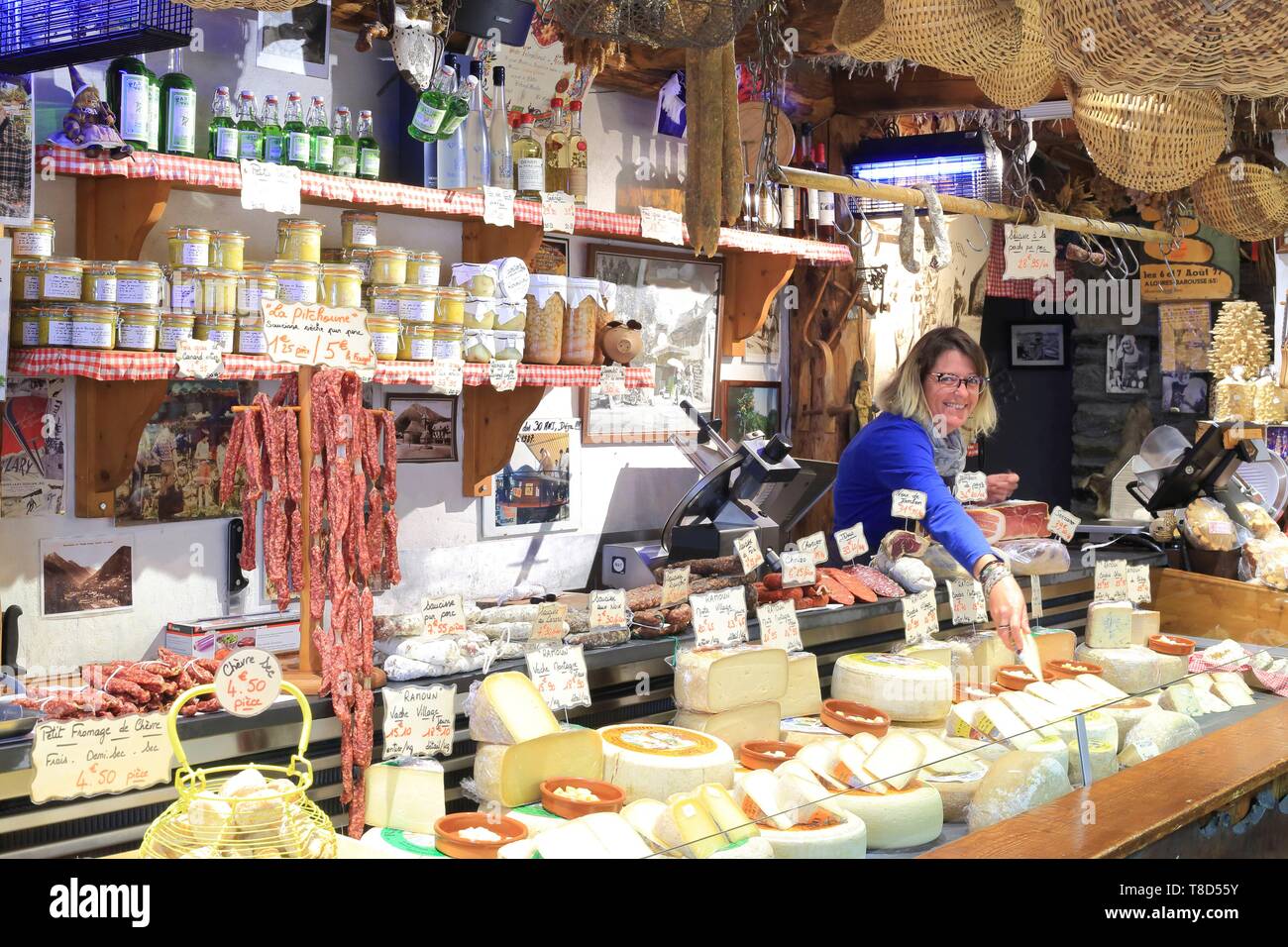 France, Hautes Pyrenees, Aure Valley, Saint Lary Soulan, L'Etable de Ramoun offers Pyrenean specialties (cold cuts, cheeses, preserves ...) Stock Photo