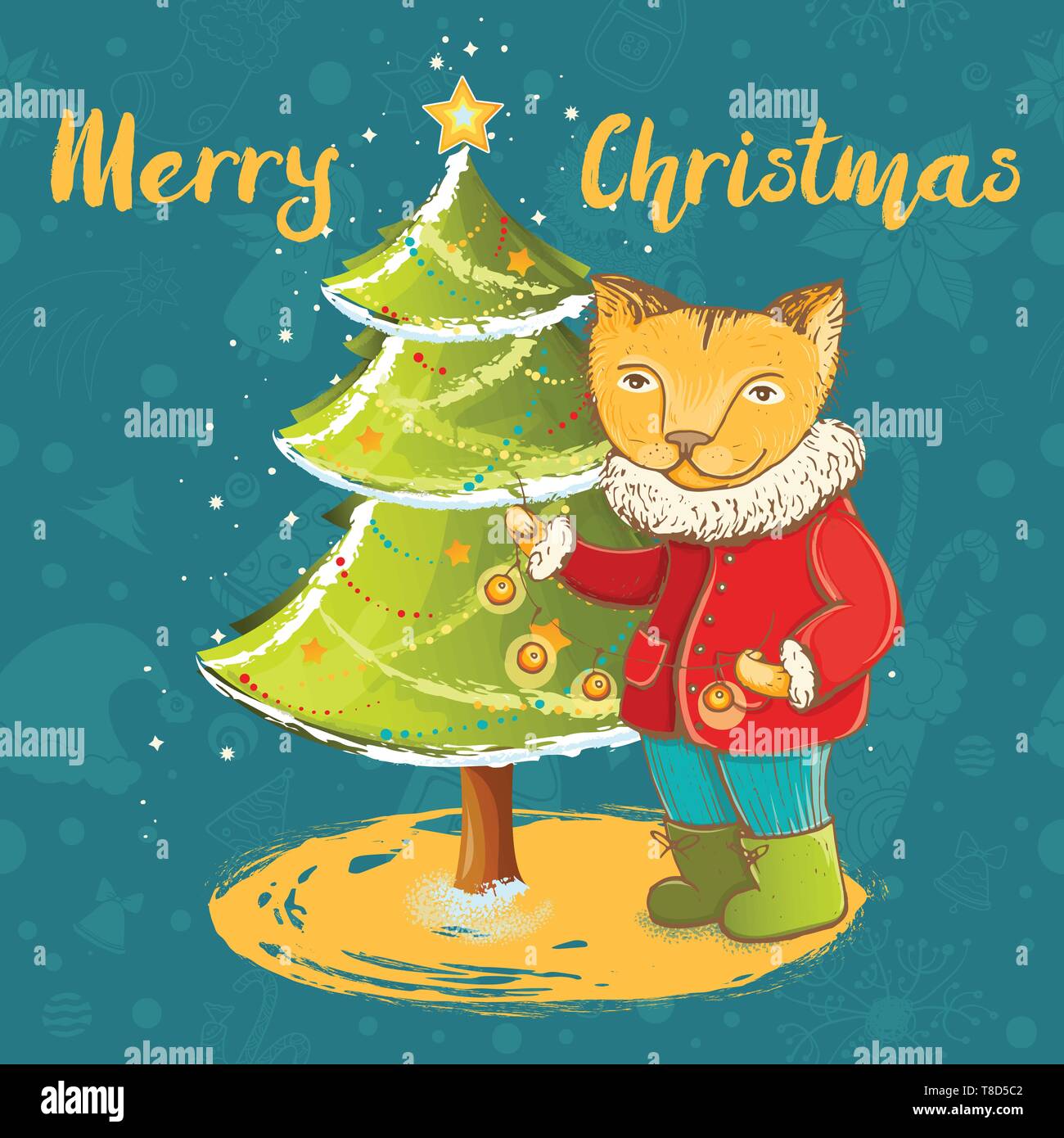 Vector template for christmas card with cute kitten decorate christmas ...