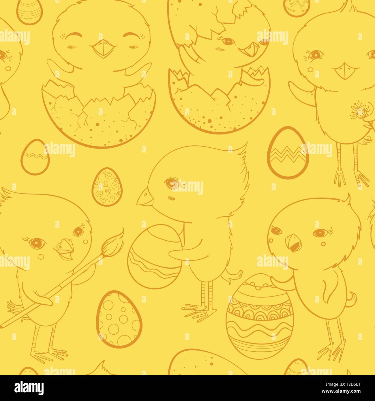 Vector seamless pattern with funny cute chicks and easter eggs. Easter celebration. Stock Vector