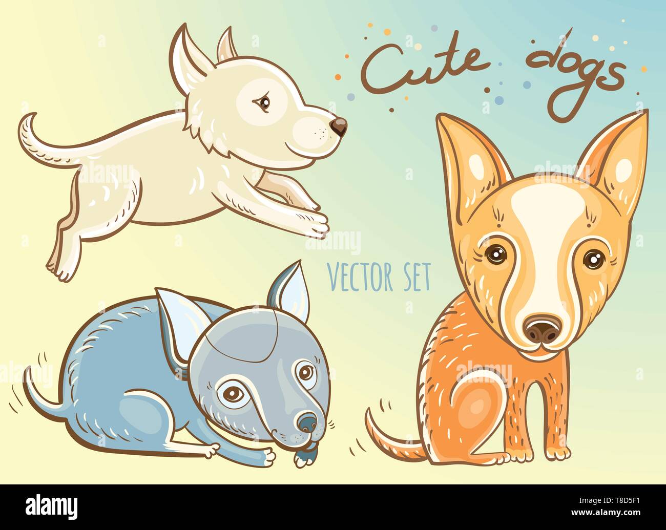 Funny cartoon dogs. Hand drawn vector illustration of  cute puppies. Stock Vector