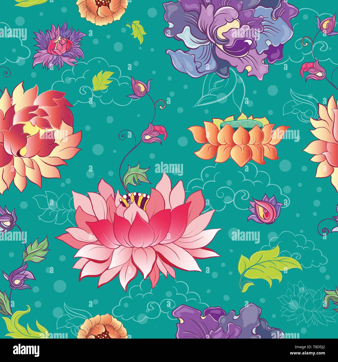 Seamless vector pattern with lotus flowers, peonies and chrysanthemums. Oriental, asian motif Stock Vector