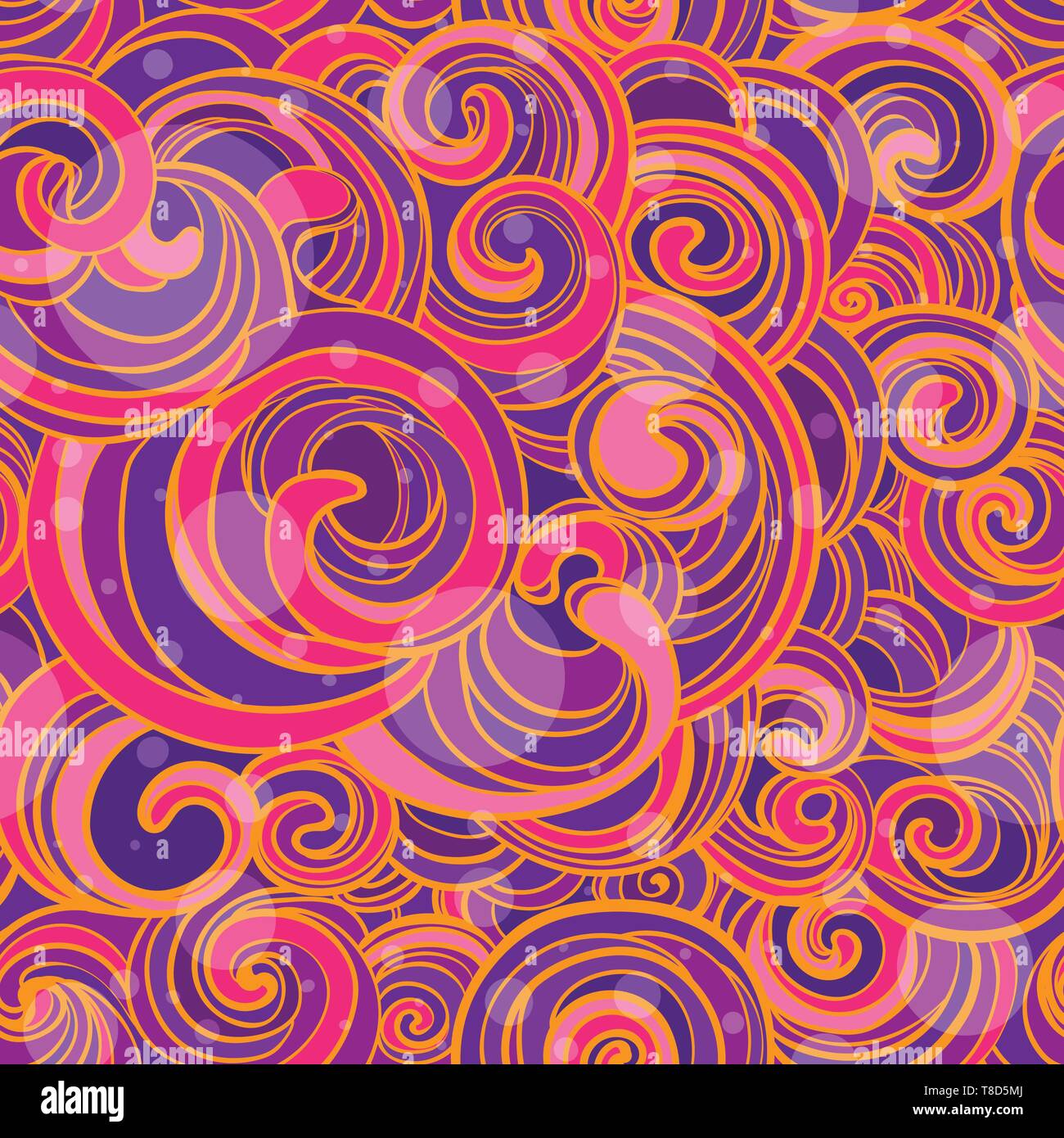 Hand Drawn vector seamless pattern with bright pink and violet whorls. Stock Vector