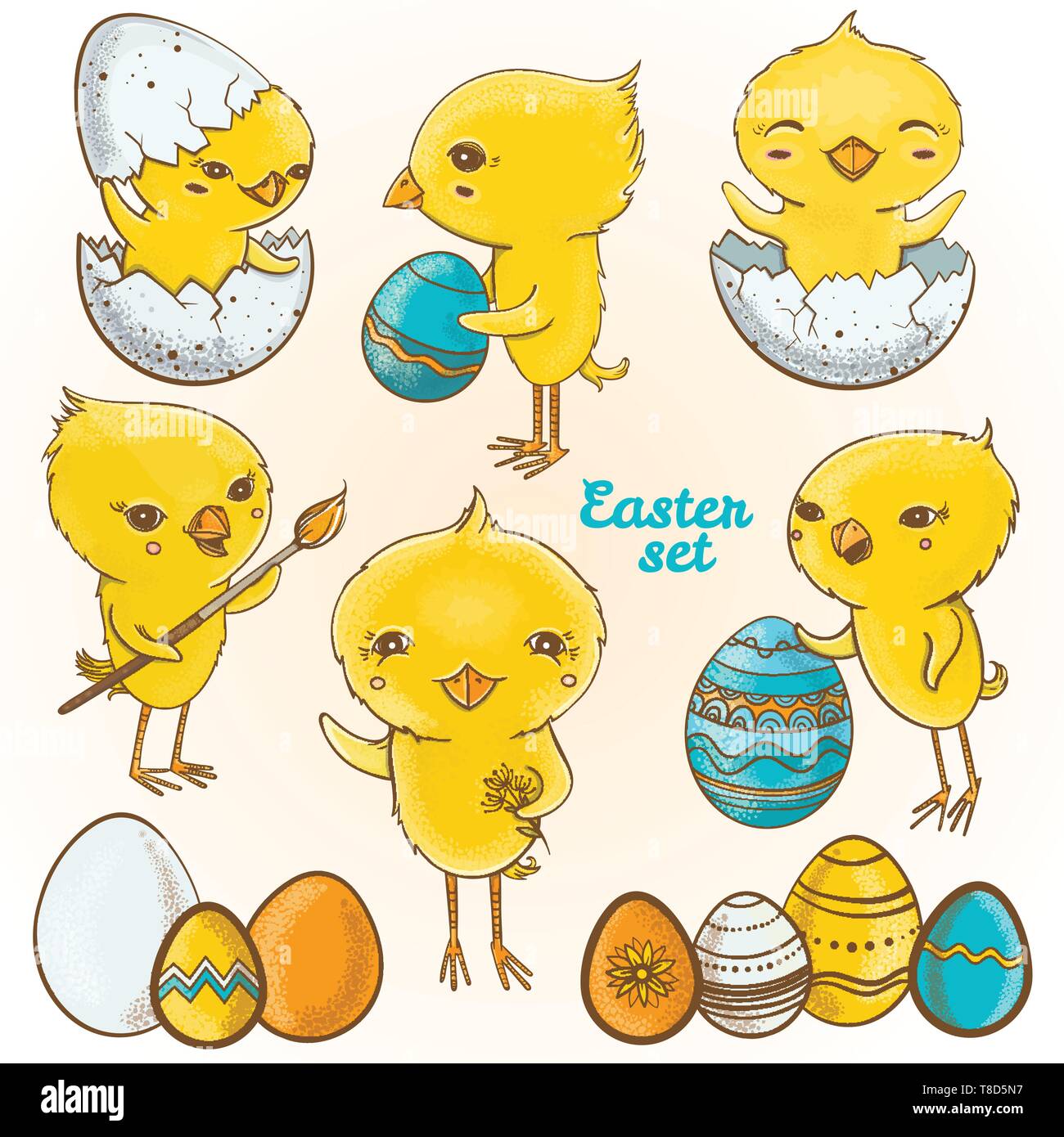 Vector set with illustrations of cute spring chickens cartoon