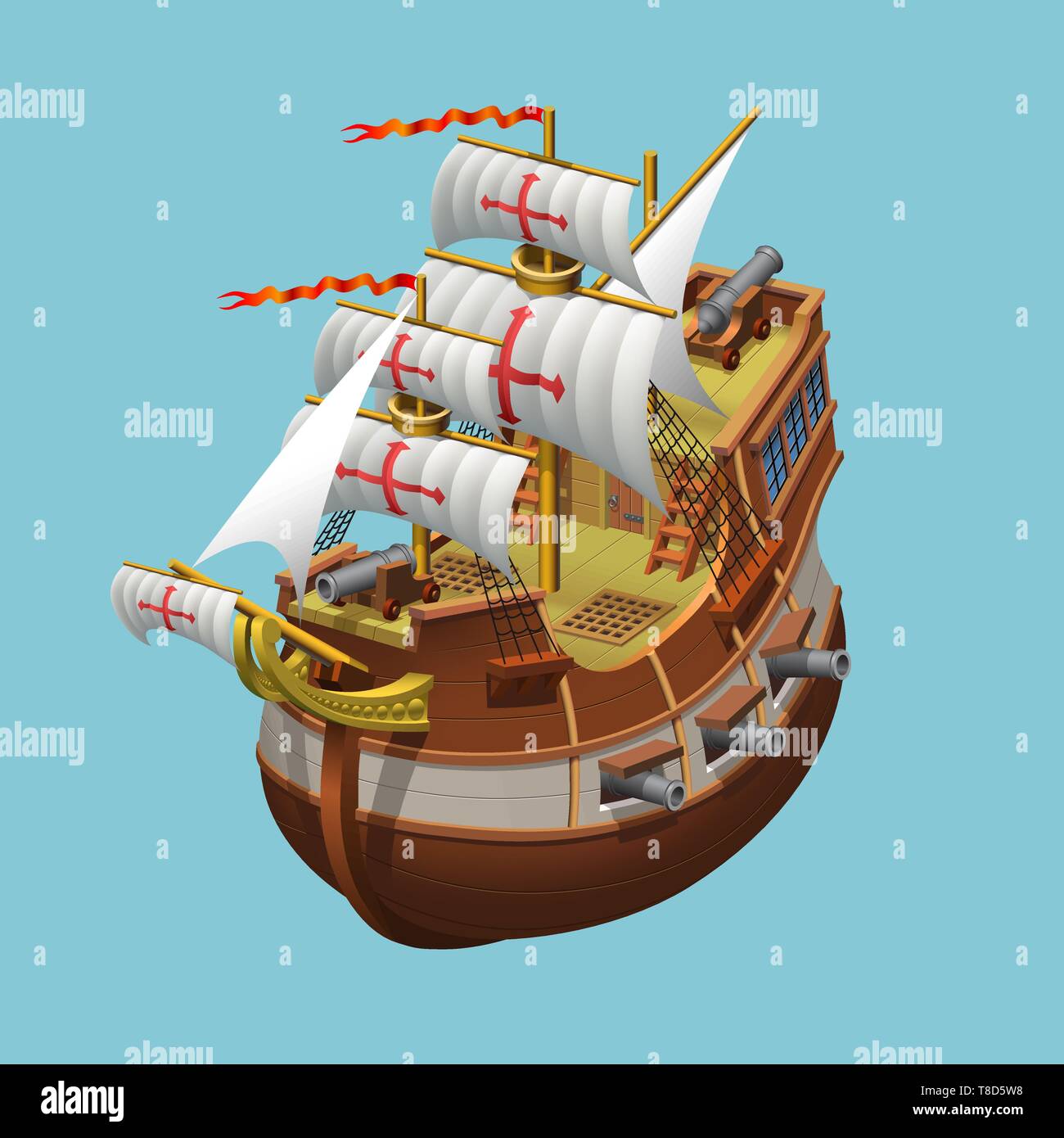 Galleon sailing old ship axonometric vector illustration Stock Vector