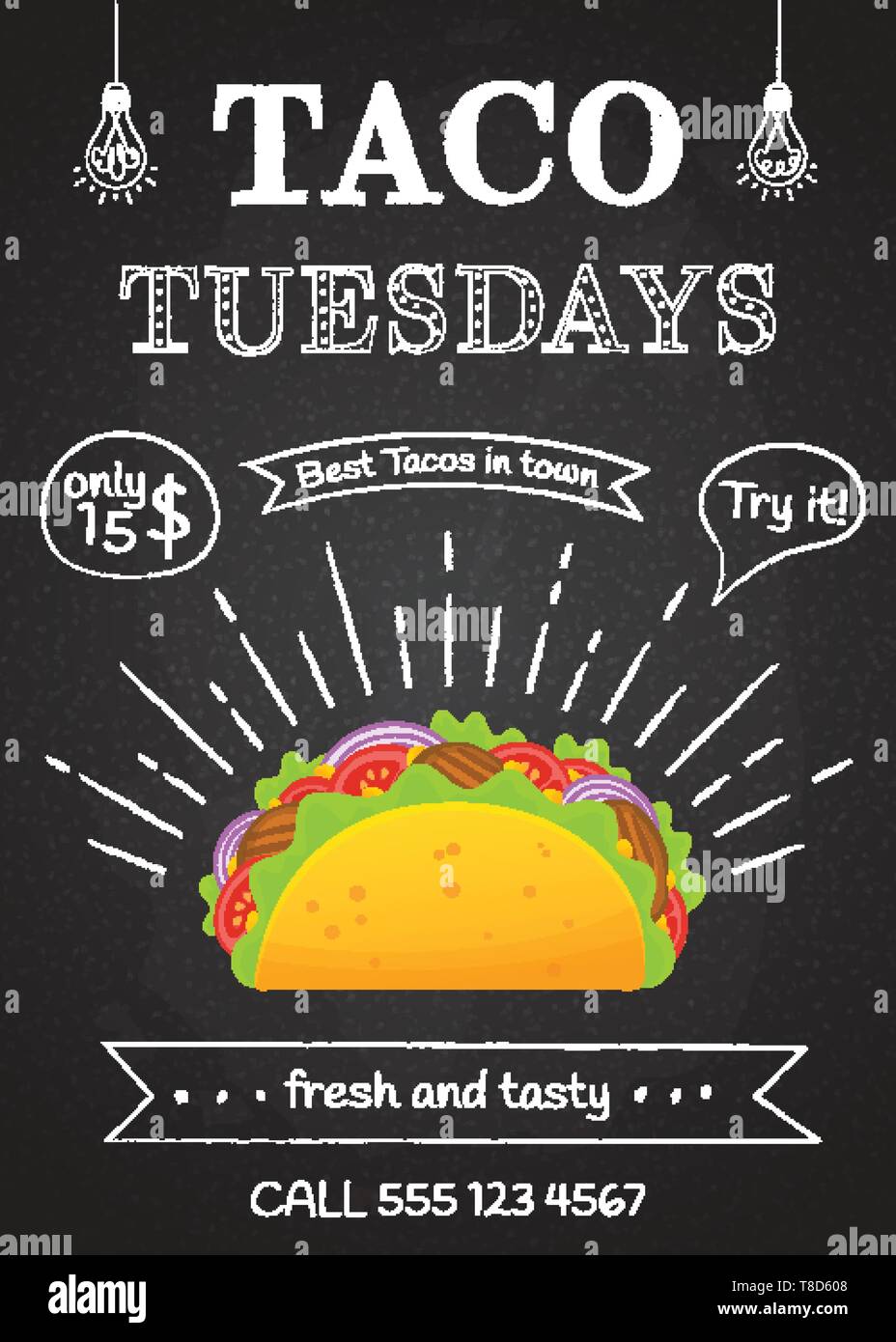 Traditional mexican fastfood taco tuesday poster. Tasty beef meat