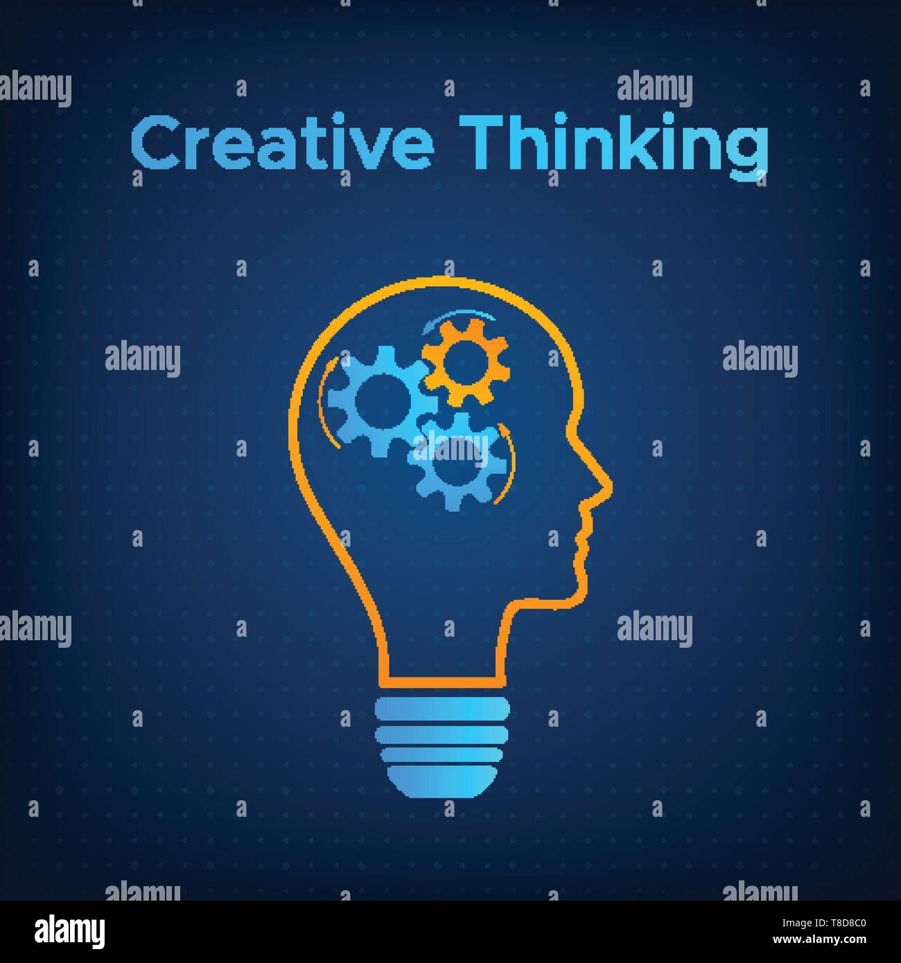 Gear head lamp creative idea concept vector illustration. Contour human profile silhouette with bright lightbulb and gear inside. Orange line lamp with head and technology background business concept. Stock Vector