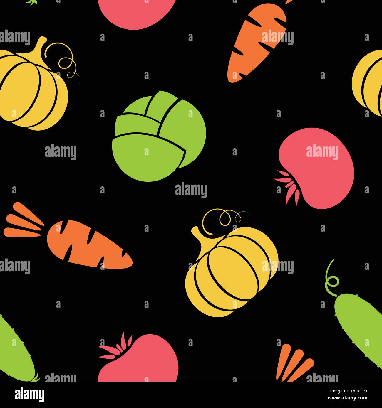 Outline seamless vegetable background vector flat illustration. Modern seamless texture black background design with carrot and cabbage, tomato and pumpkin silhouette vegetable in natural colors Stock Vector