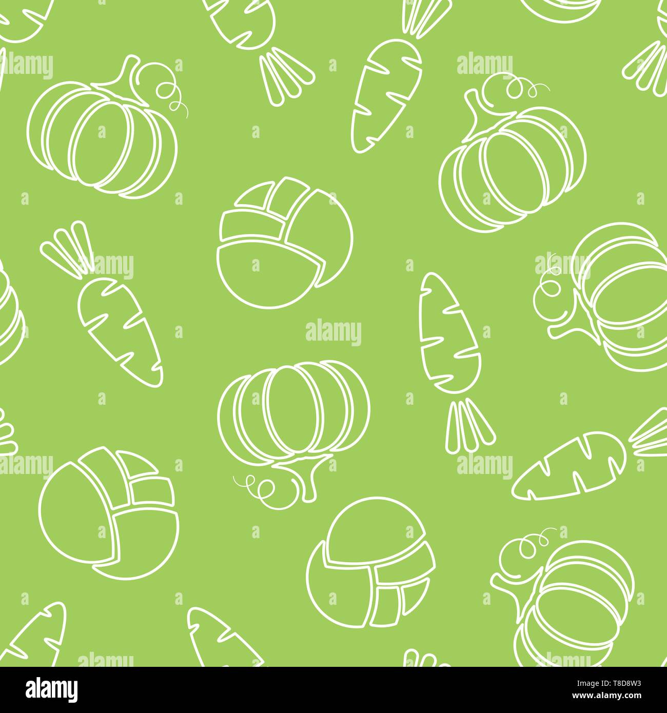 Seamless line vegetable pattern vector flat illustration. Modern seamless texture pattern design with vegetable silhouette in green and white colors for healthy diet decor or vintage wallpaper Stock Vector