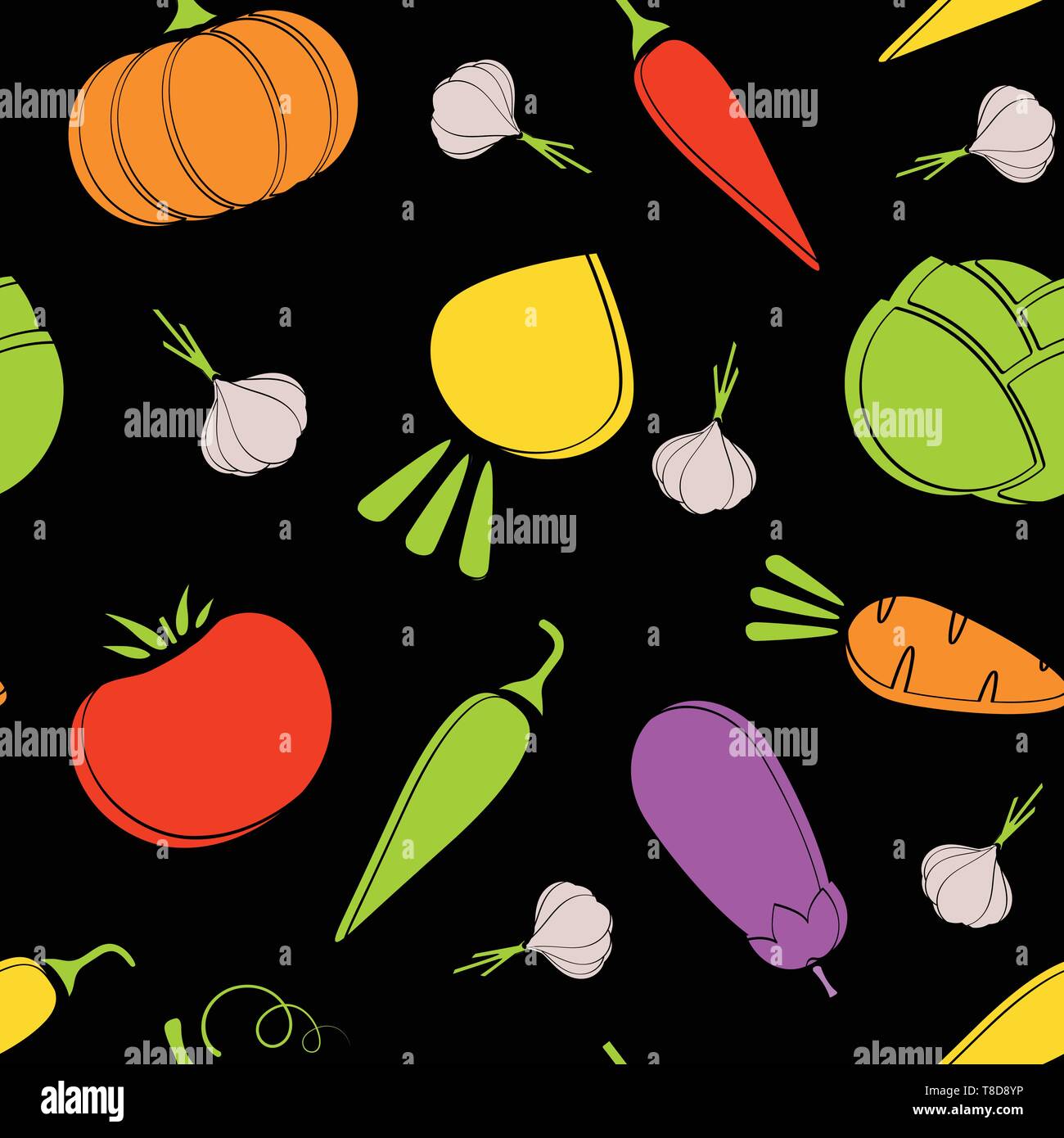 Outline seamless vegetable pattern vector flat illustration. Modern black pattern design with autumn vegetable seamless texture in natural colors for healthy diet decor or vintage wallpaper Stock Vector