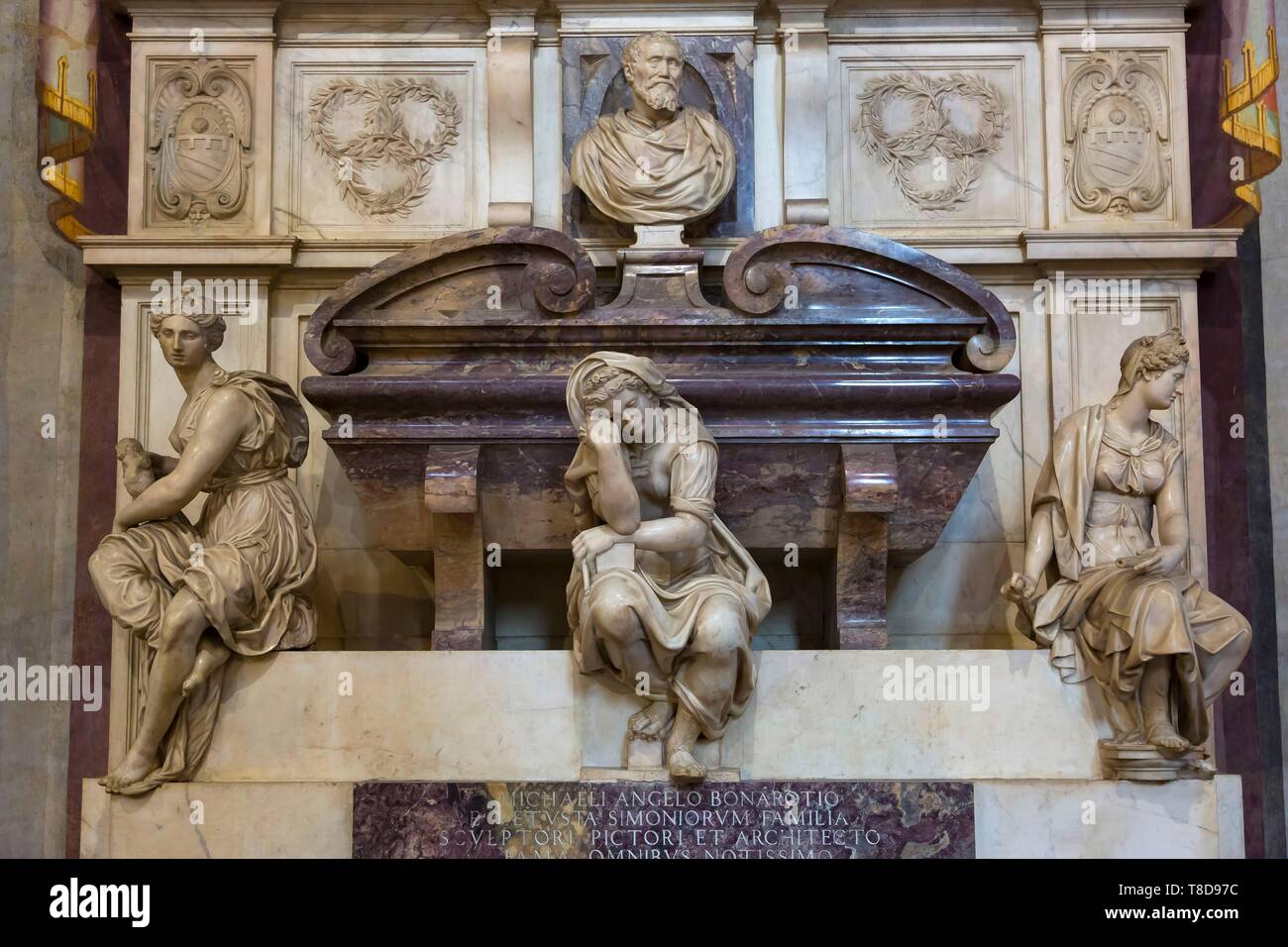 Italy, Tuscany, Florence, historic centre listed as World Heritage by UNESCO, piazza Santa Croce, Santa Croce church, the tomb of Michelangelo Stock Photo