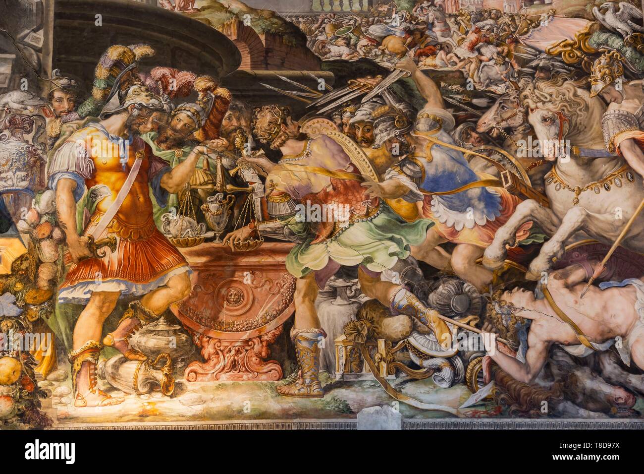 Italy, Tuscany, Florence, historic centre listed as World Heritage by UNESCO, piazza della Signoria, Palazzo Vecchio, sala delle udienze, the auditorium, large fresco painted by Francesco Salviati depicting the episodes of the life of General Marco Furio Camillo Stock Photo