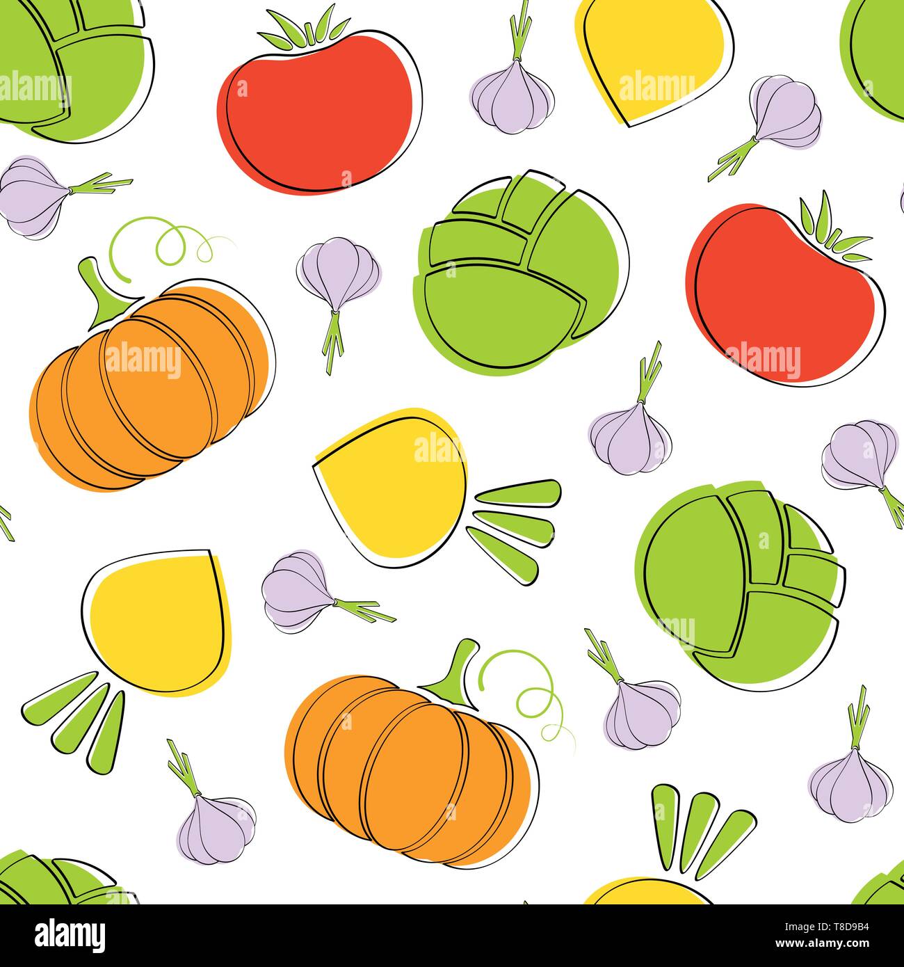 Season vegetable seamless pattern vector flat illustration. Natural colors food pattern design with pumpkin and cabbage, tomato, garlic and turnip vegetable seamless texture for healthy diet decor Stock Vector