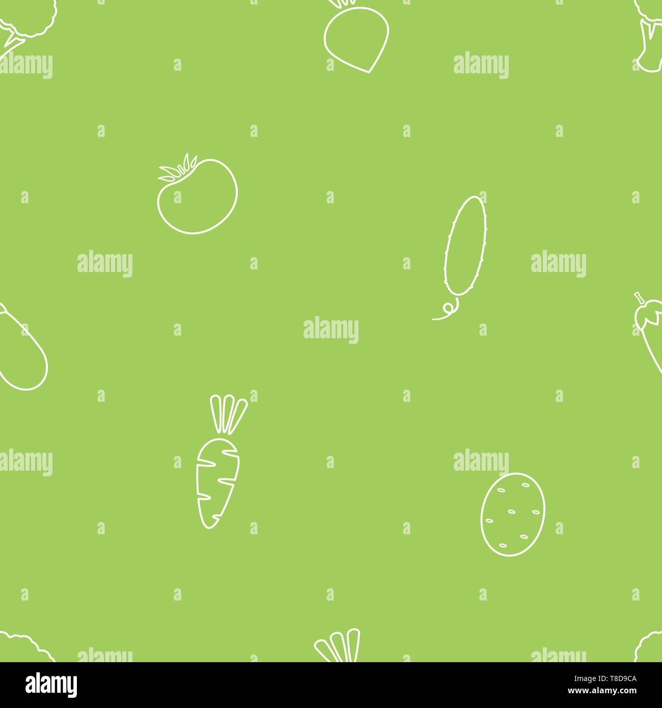 Line vegetable seamless background vector flat illustration. Fresh food background in white and green color with season vegetable silhouette seamless element for wrapping paper or restaurant wallpaper Stock Vector