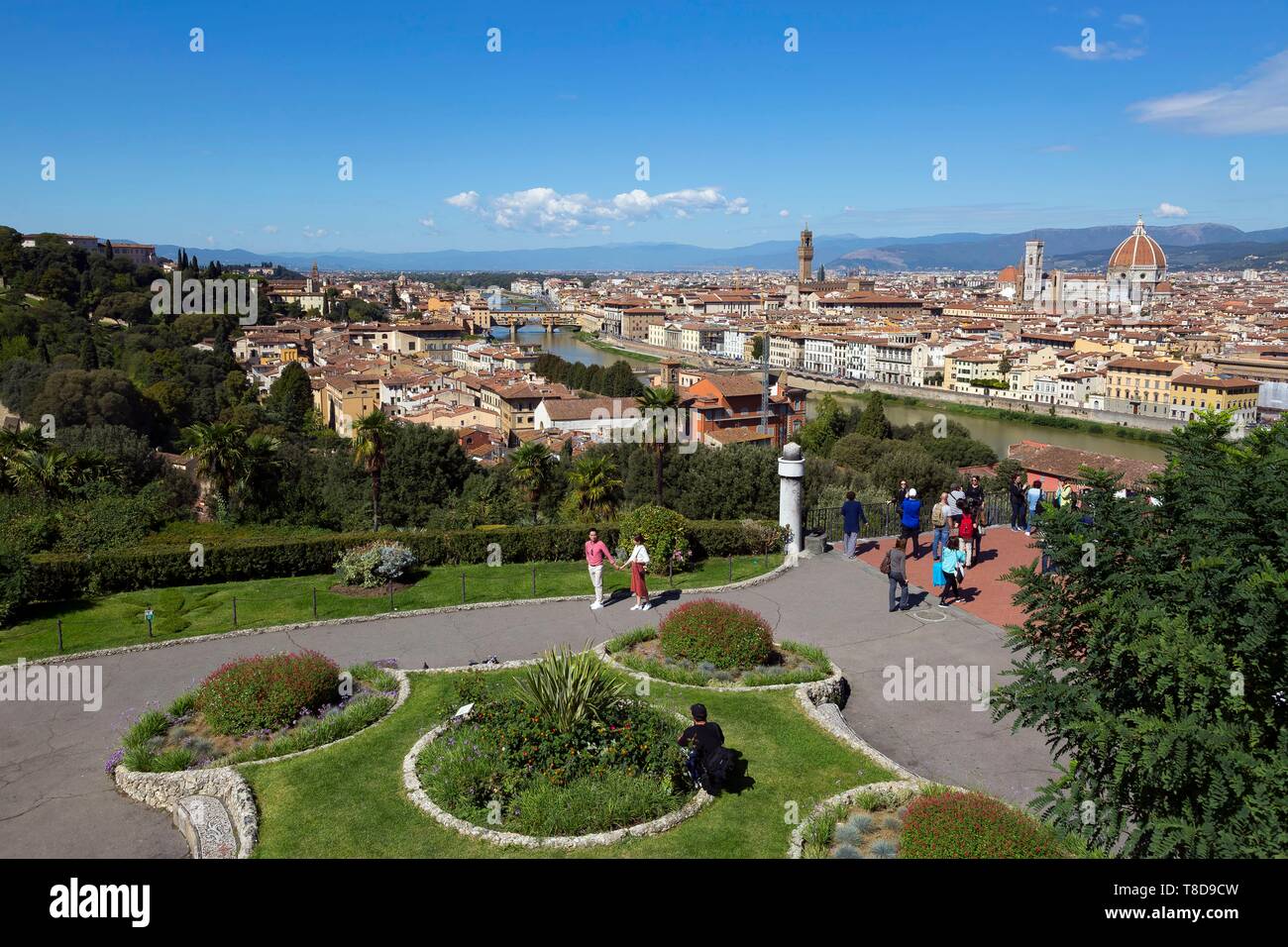 Italy, Tuscany, Florence, historic centre listed as World Heritage by UNESCO, Piazzale Michelangelo, general view of Florence Stock Photo