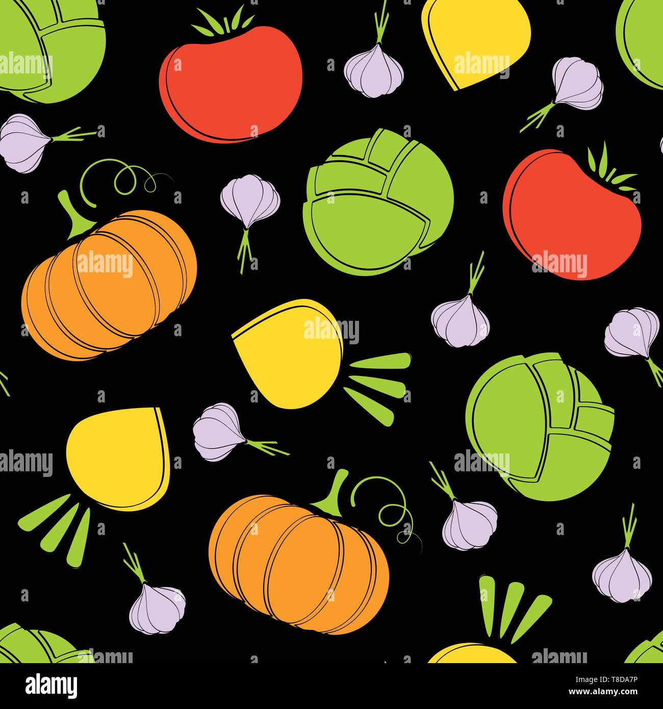 Silhouette seamless vegetable pattern vector flat illustration. Fresh food black pattern in natural colors with autumn vegetable seamless element for healthy vegetarian menu or organic fabric print Stock Vector