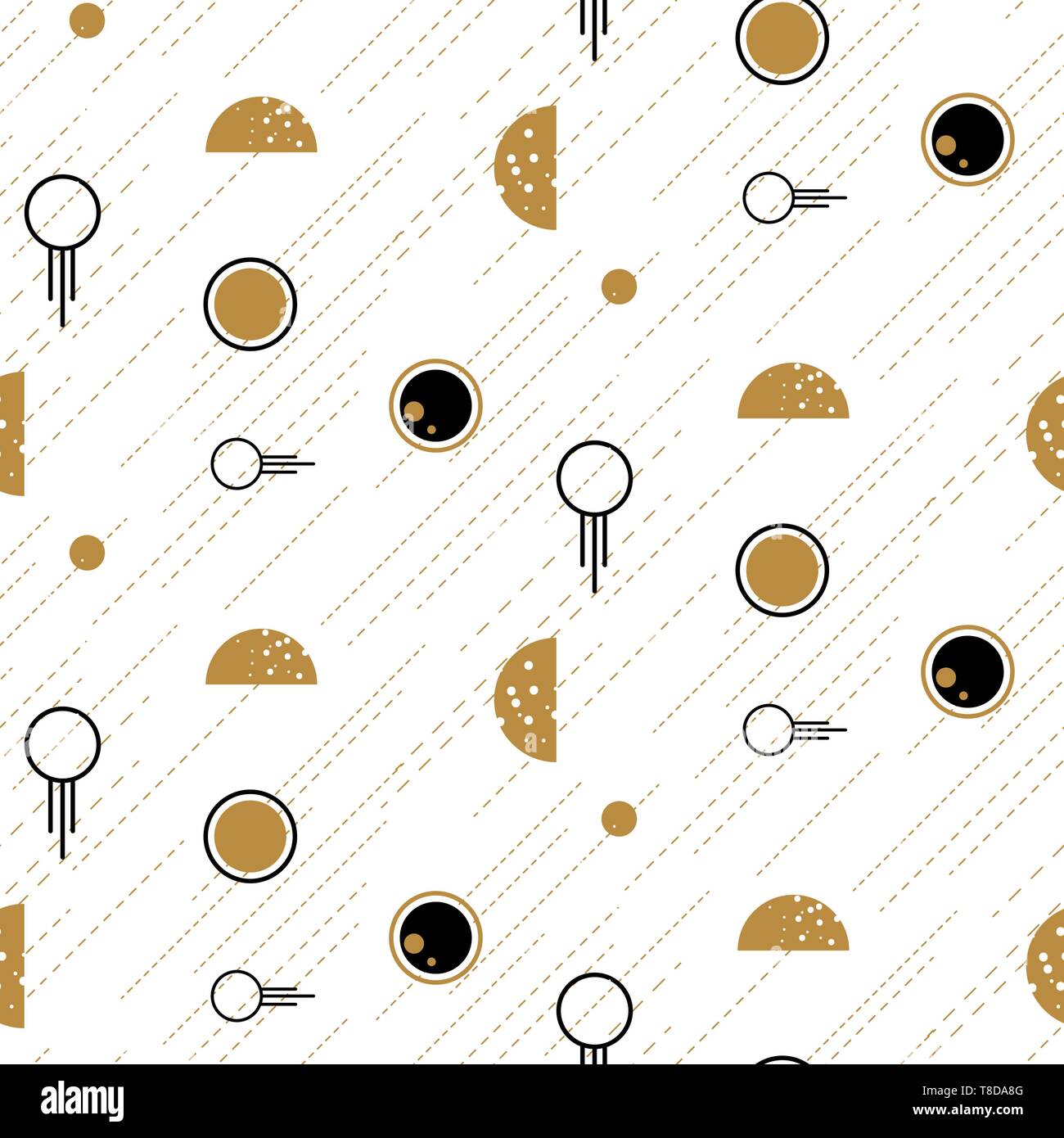 Space and planets abstract flat line style geometric seamless pattern art. Astrology theme vector texture. Stock Vector