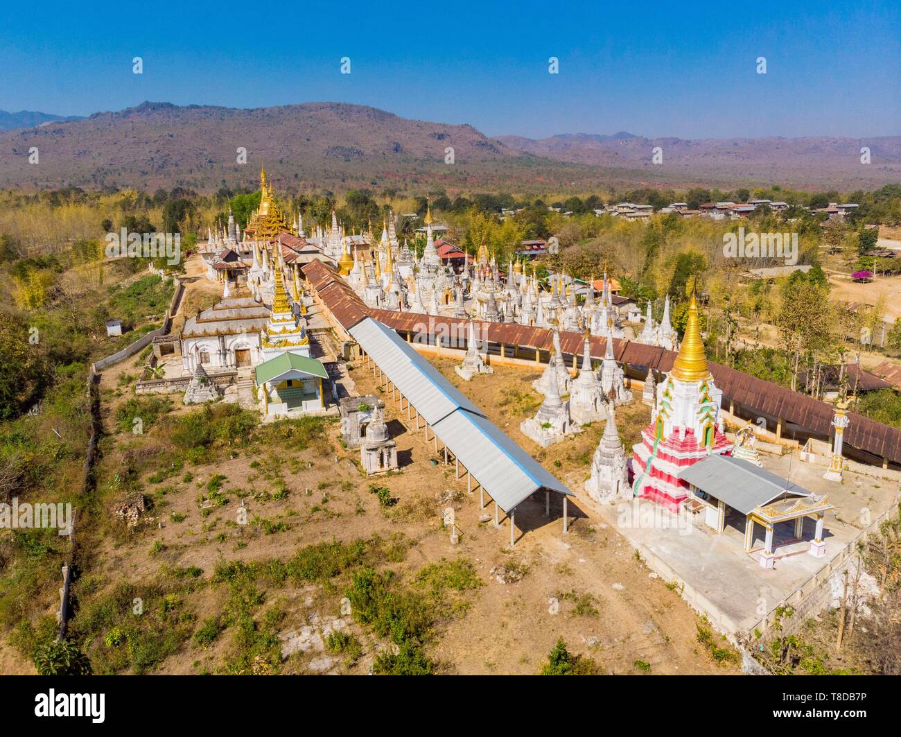 Myanmar (Burma), Shan State, Inle Lake, Thaung Thau Monastery (aerial view) Stock Photo