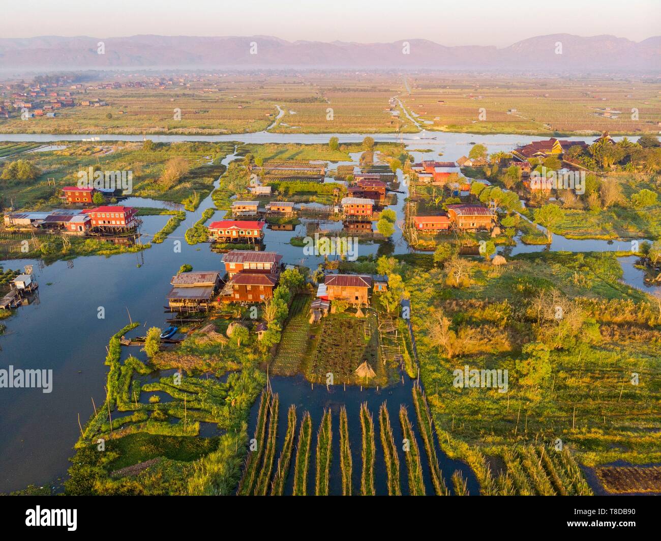 Myanmar (Burma), Shan State, Inle Lake, Kela Floating Gardens (aerial view) Stock Photo
