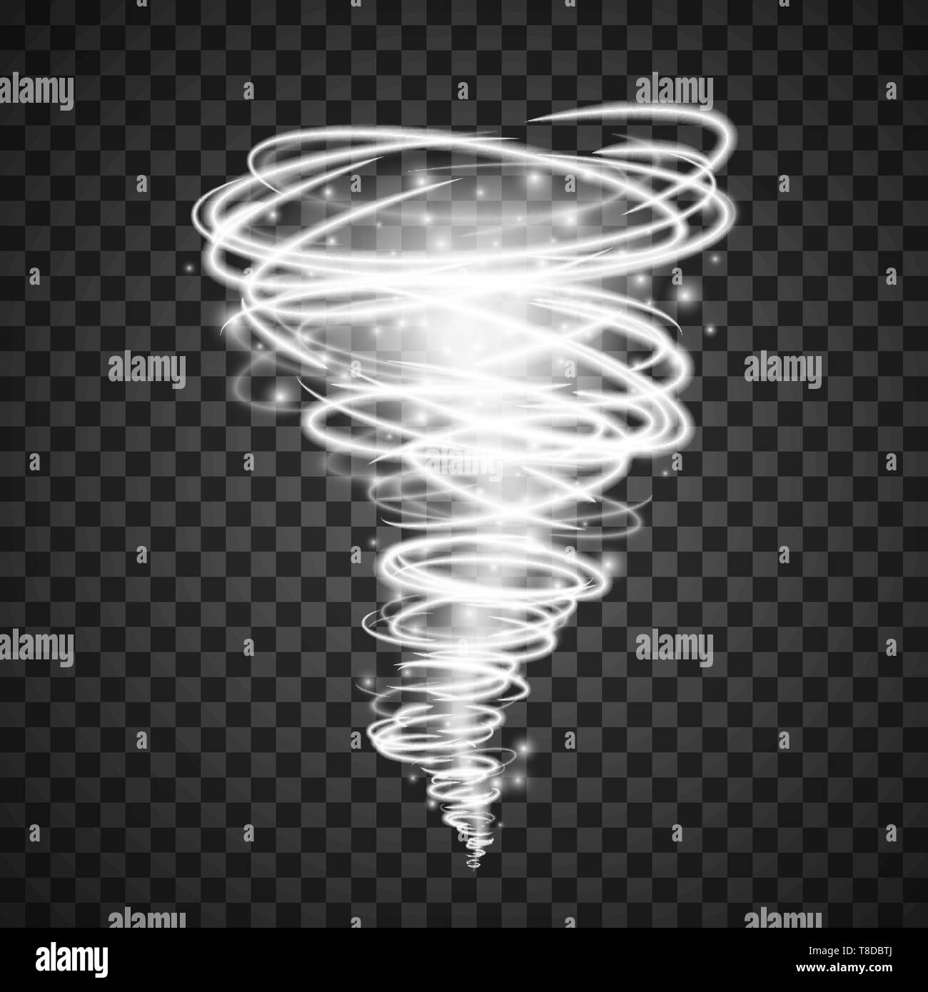 Abstract light vortex tornado magical illumination . Effect of whirlwind or hurricane. Vector illustration isolated on transparent background Stock Vector