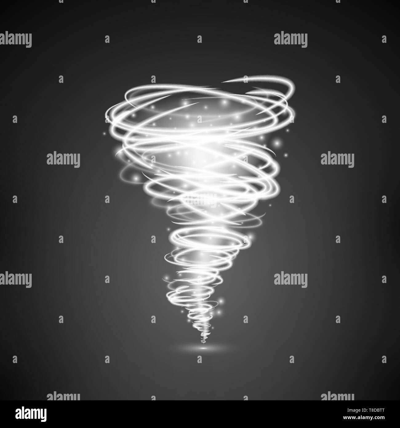 Abstract light vortex tornado magical illumination. Effect of whirlwind or hurricane. Vector illustration isolated on dark background Stock Vector
