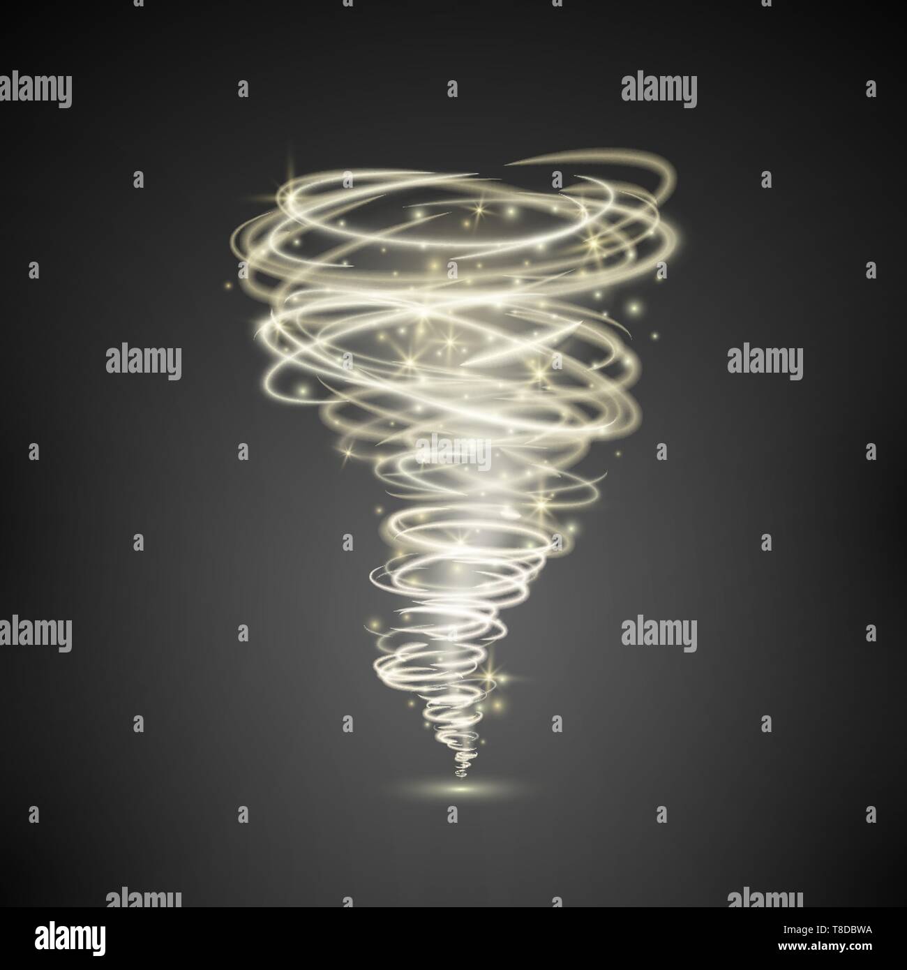 Effect of whirlwind or hurricane.Abstract light vortex tornado magical illumination. Vector illustration isolated on dark background Stock Vector