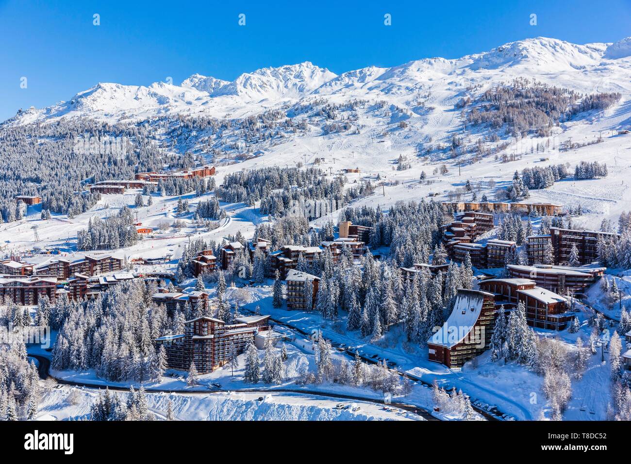 France, Savoie, Vanoise massif, valley of Haute Tarentaise, Les Arcs 1800, part of the Paradiski area, (aerial view) Stock Photo
