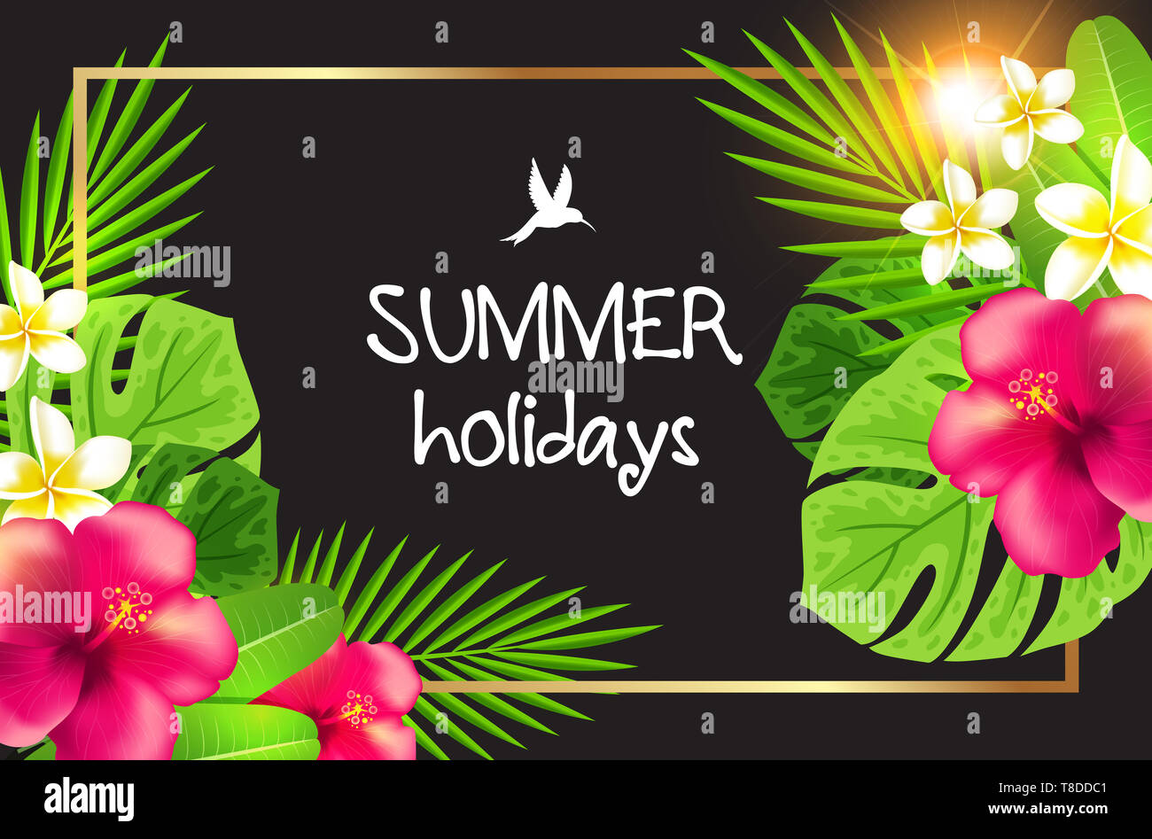 Summer tropical background with flowers and palm leaves in golden frame ...