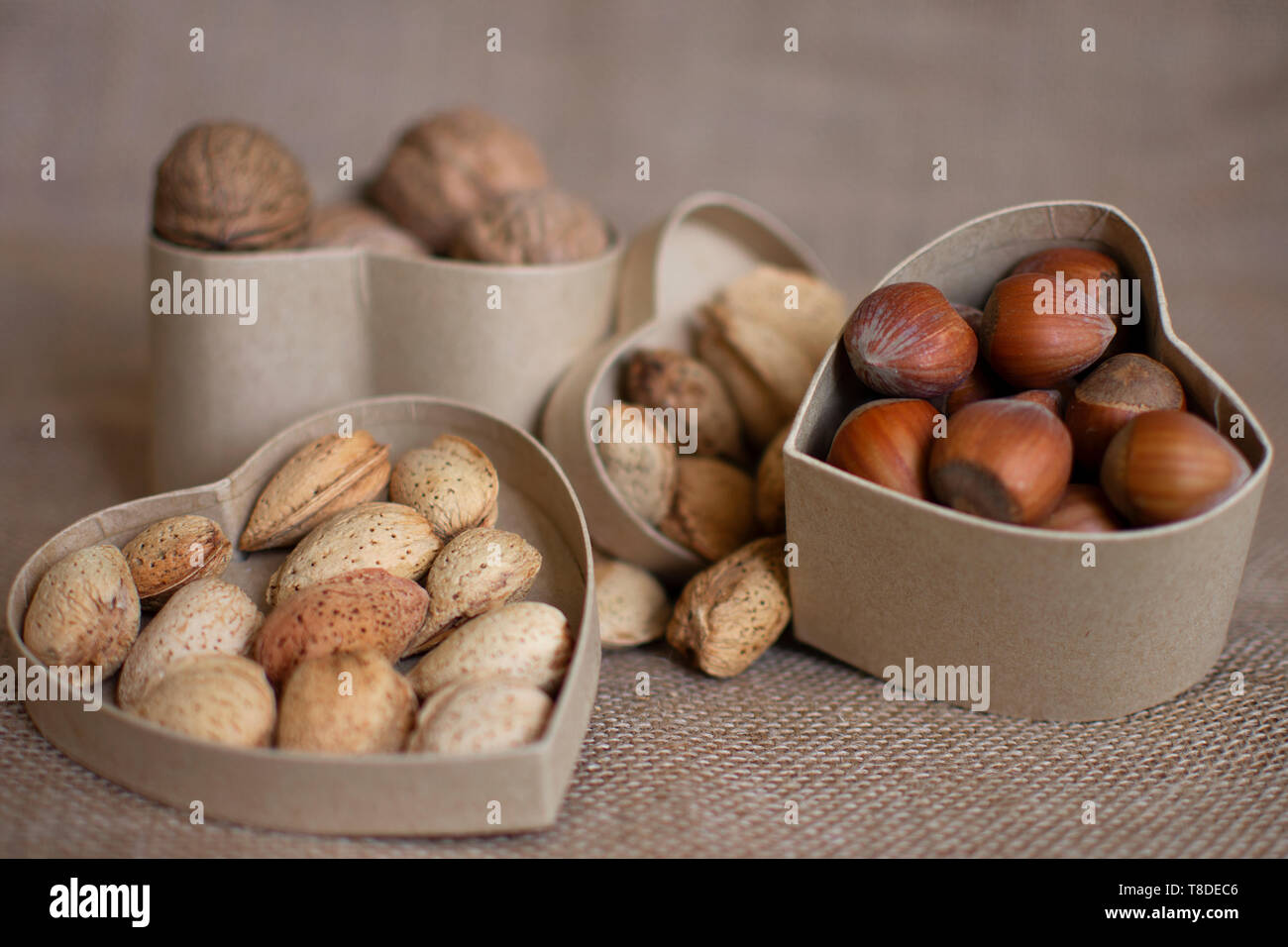 Mediterranean diet. Cholesteerol improvement diet. healthy foods for the heart. Healthy nuts. Stock Photo